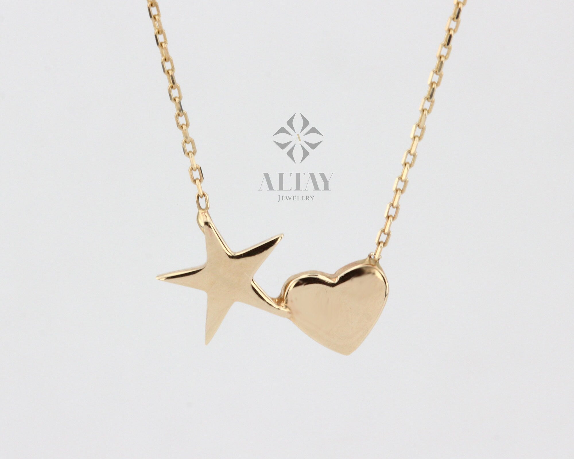 14K Gold Star and Heart Shape Minimalist Necklace, Dainty Pendant, Love Necklace, Gift for Her, Good Fortune Symbol, Delicate Fashion