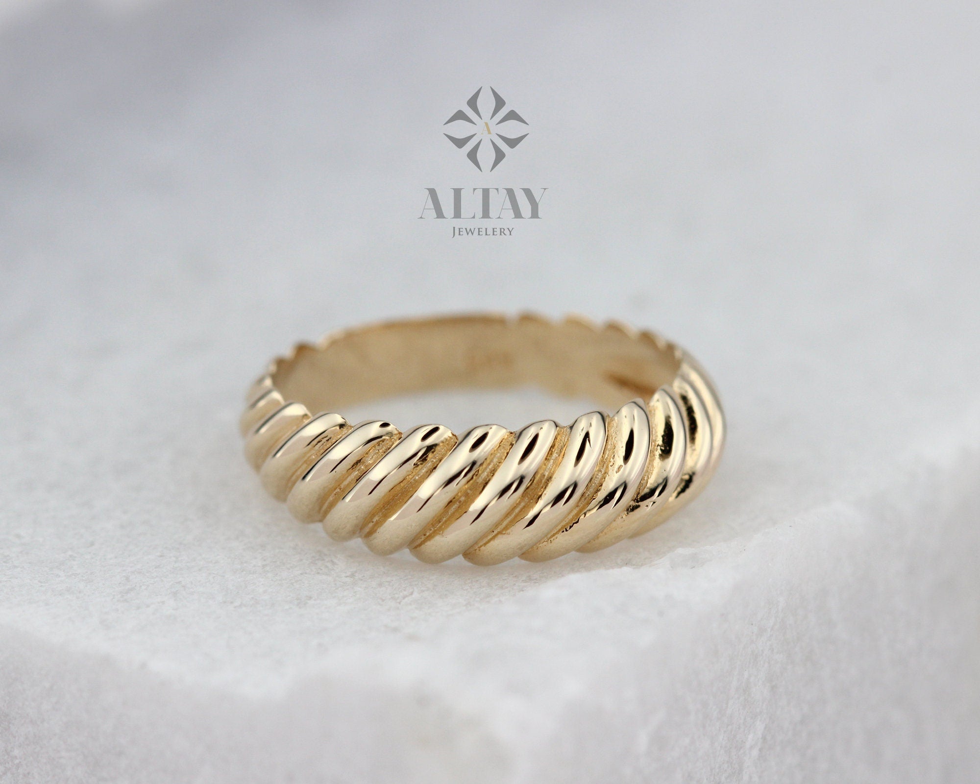 14K Solid Gold Twist Ring, Croissant Dome Ring, Statement Ring, Round Line Ring, Jewelry, Minimalist, Gift For Her, Real Gold, Jewelry