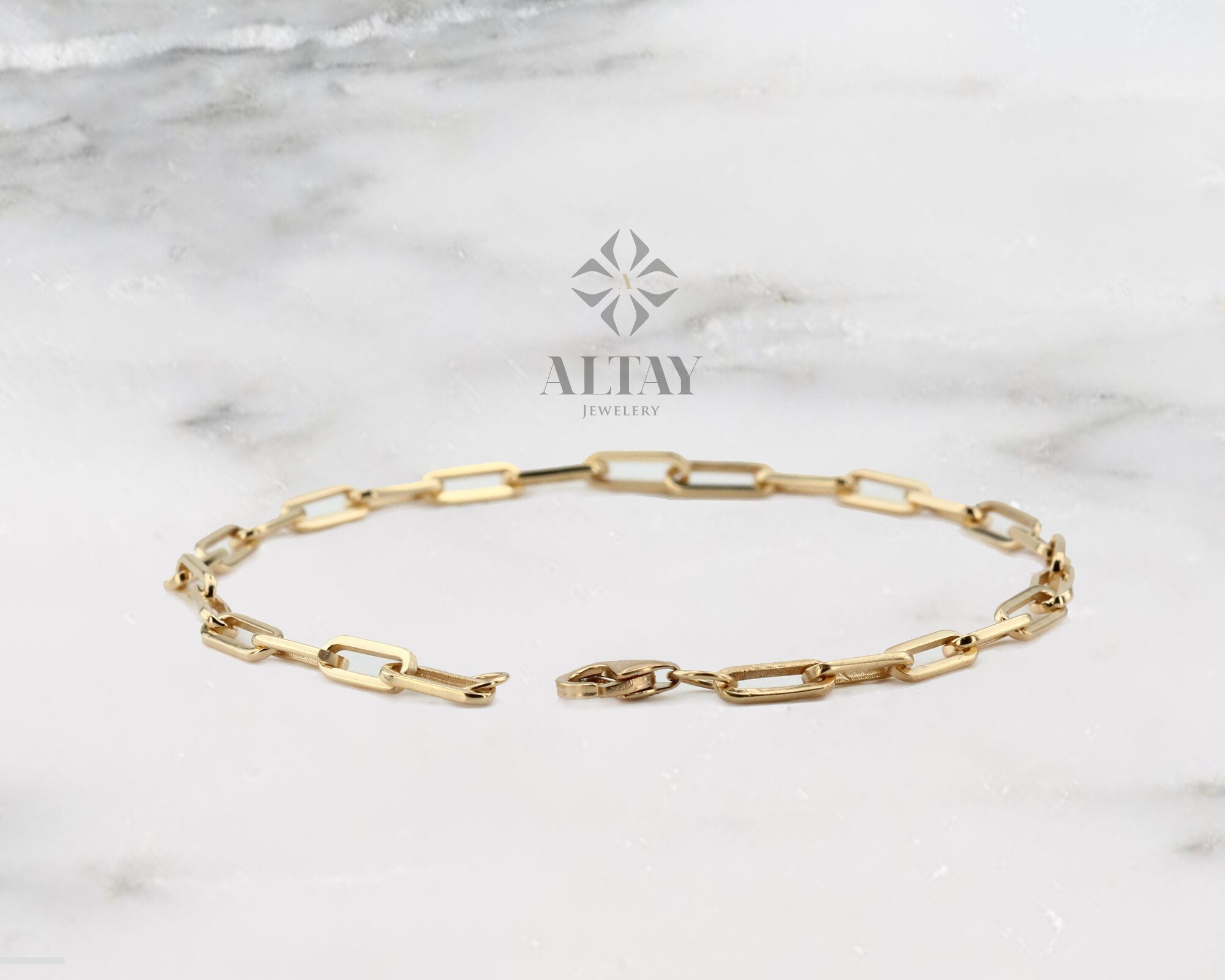 14K Solid Gold Paperclip Chain Bracelet, Small Staple, Rectangular,Elongated, Layering Square Chain, Hollow Lightweight, Gift For Her