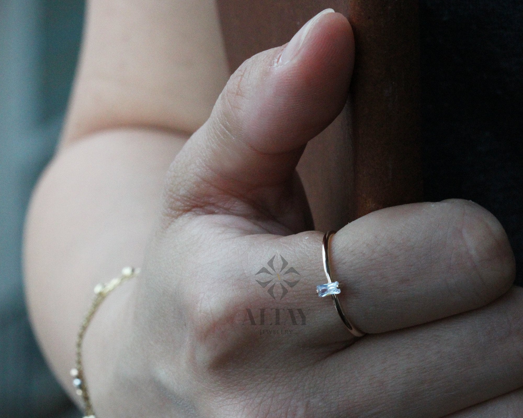 14K Solid Gold Baguette Ring, Stackable Dainty Ring, Minimalist Solitaire Ring, Gift For Her, Vertical Baguette, Engagement Promise ring