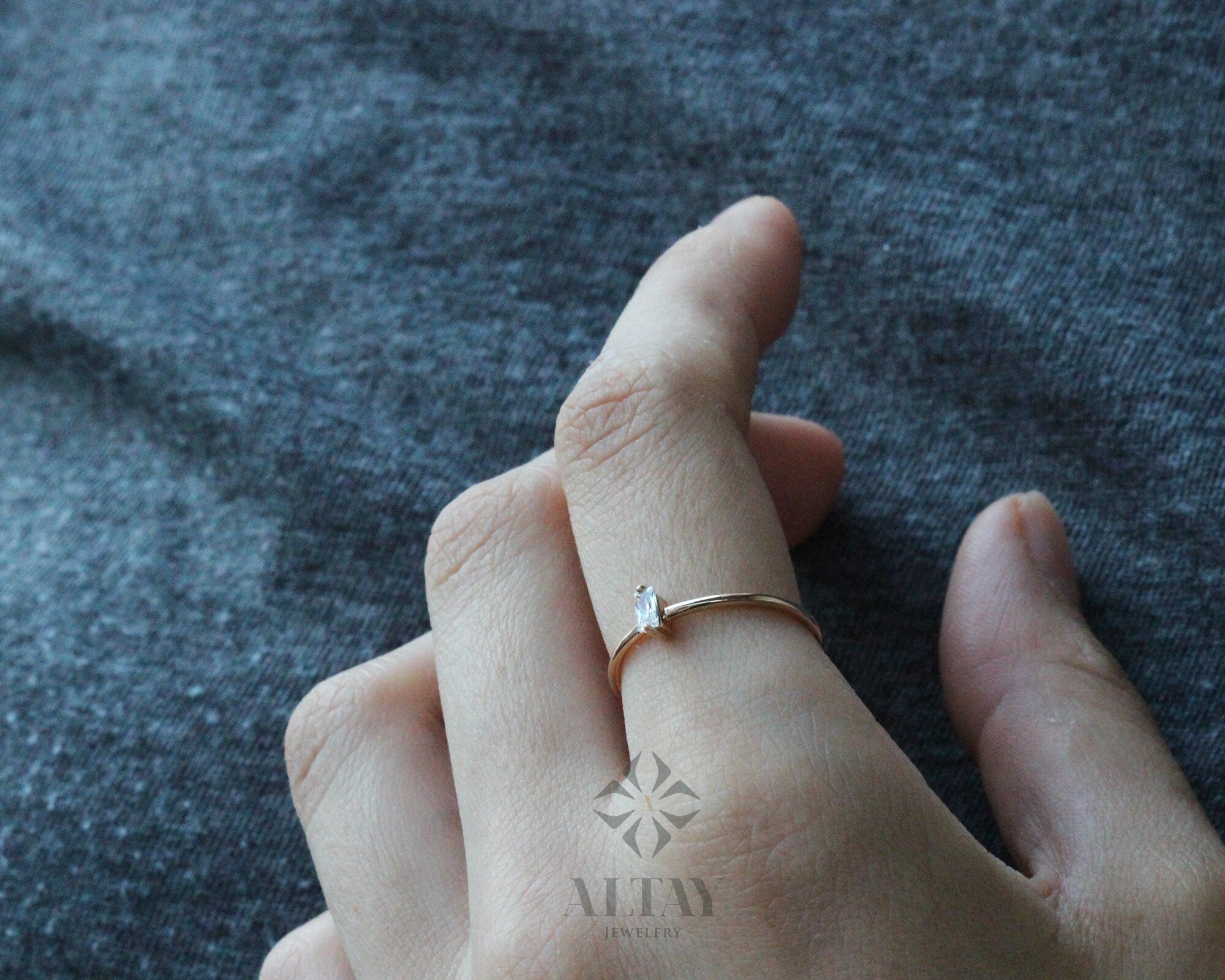 14K Solid Gold Baguette Ring, Stackable Dainty Ring, Minimalist Solitaire Ring, Gift For Her, Vertical Baguette, Engagement Promise ring