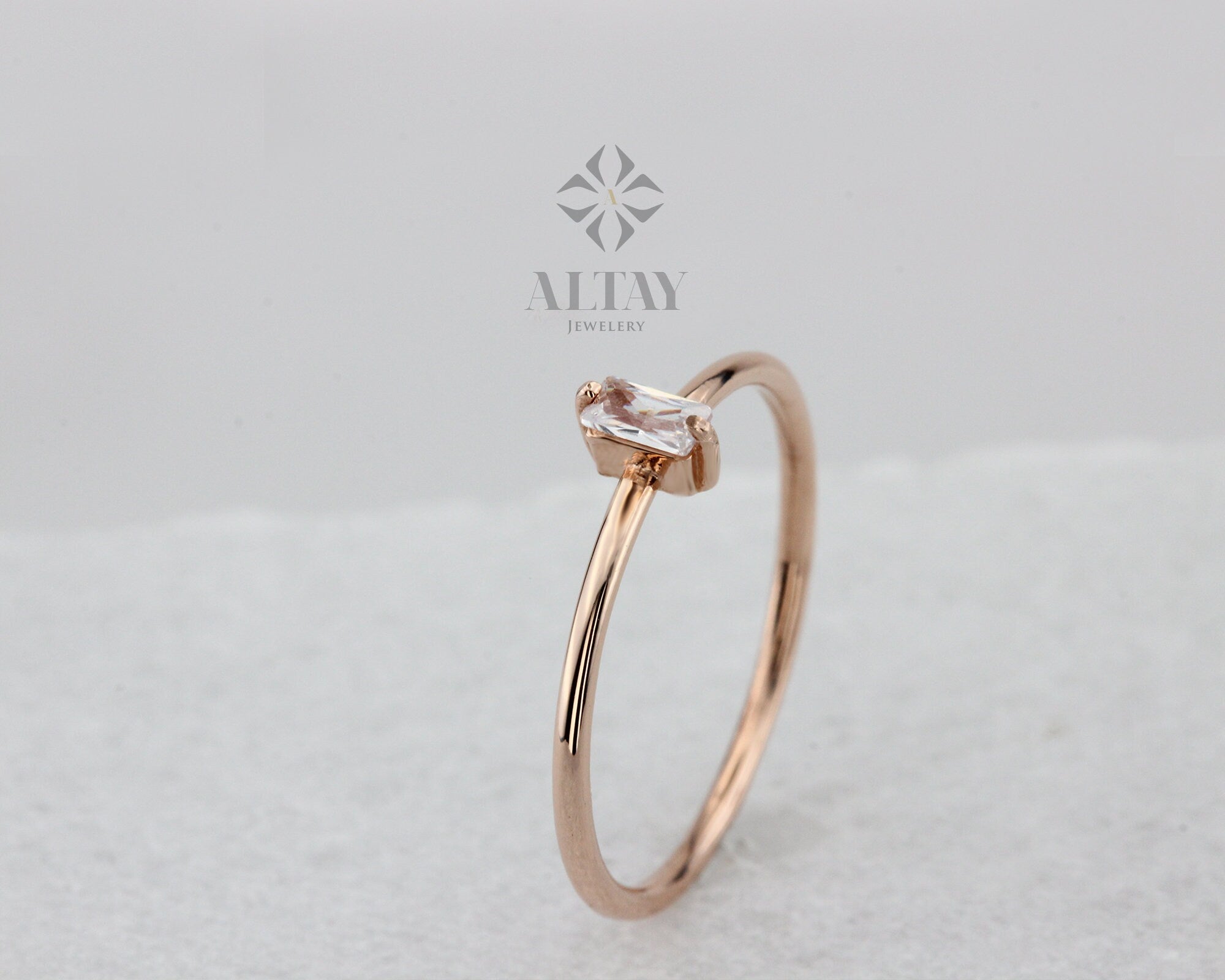14K Solid Gold Baguette Ring, Stackable Dainty Ring, Minimalist Solitaire Ring, Gift For Her, Vertical Baguette, Engagement Promise ring