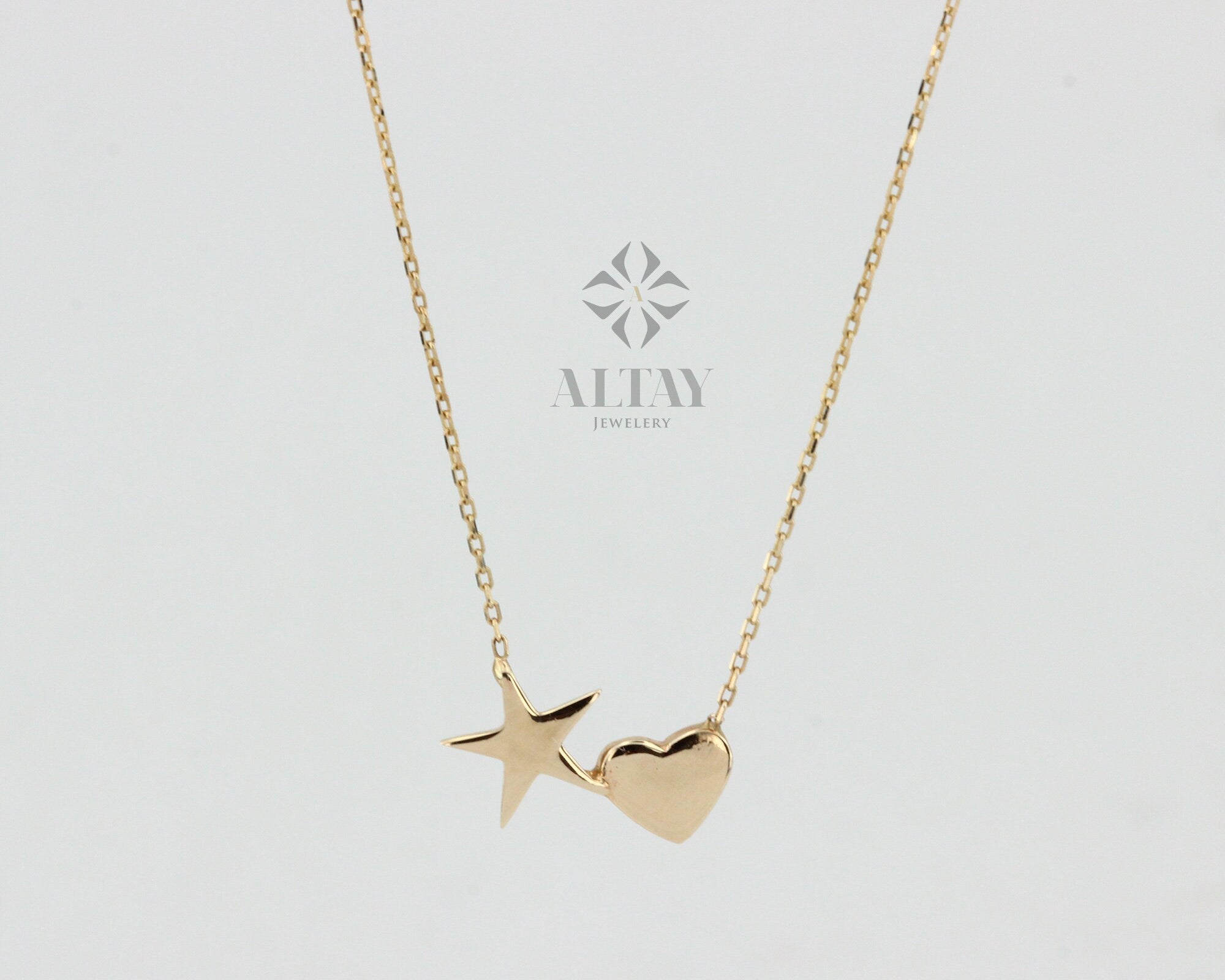 14K Gold Star and Heart Shape Minimalist Necklace, Dainty Pendant, Love Necklace, Gift for Her, Good Fortune Symbol, Delicate Fashion