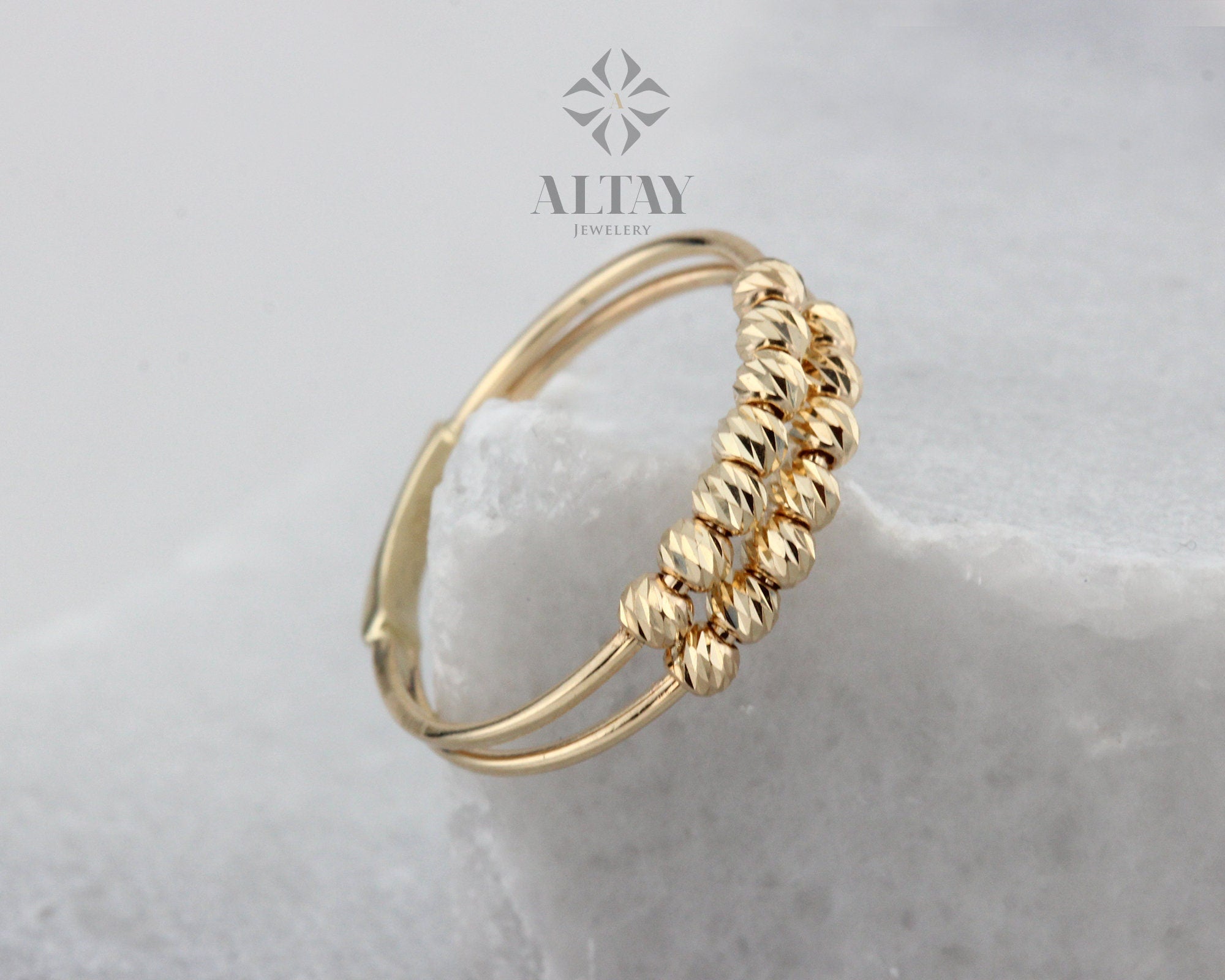 Dorica Beaded 14k Solid Gold Ring, Stackable, Dainty, Delicate Ring, Gift For Her, Jewelery, Anniversary, Dual Bands, Mini Balls, Jewelry