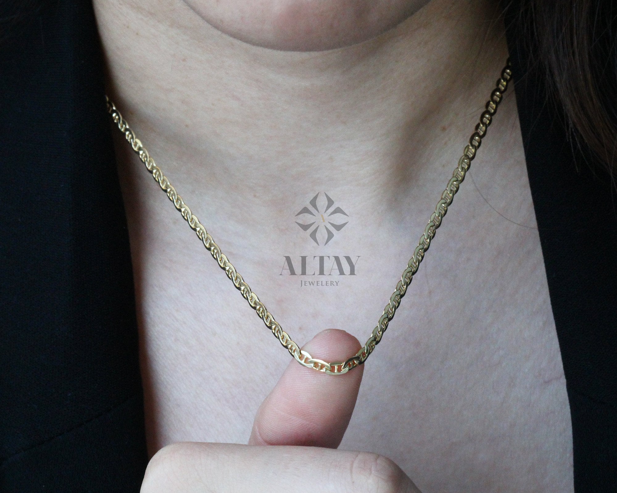 14K Gold Anchor Mariner Chain Necklace, 3mm 4mm Flat Choker, Mariner Curb Chain, Bold Mariner Chain, Mariner Anchor Chain, Men Women Chain