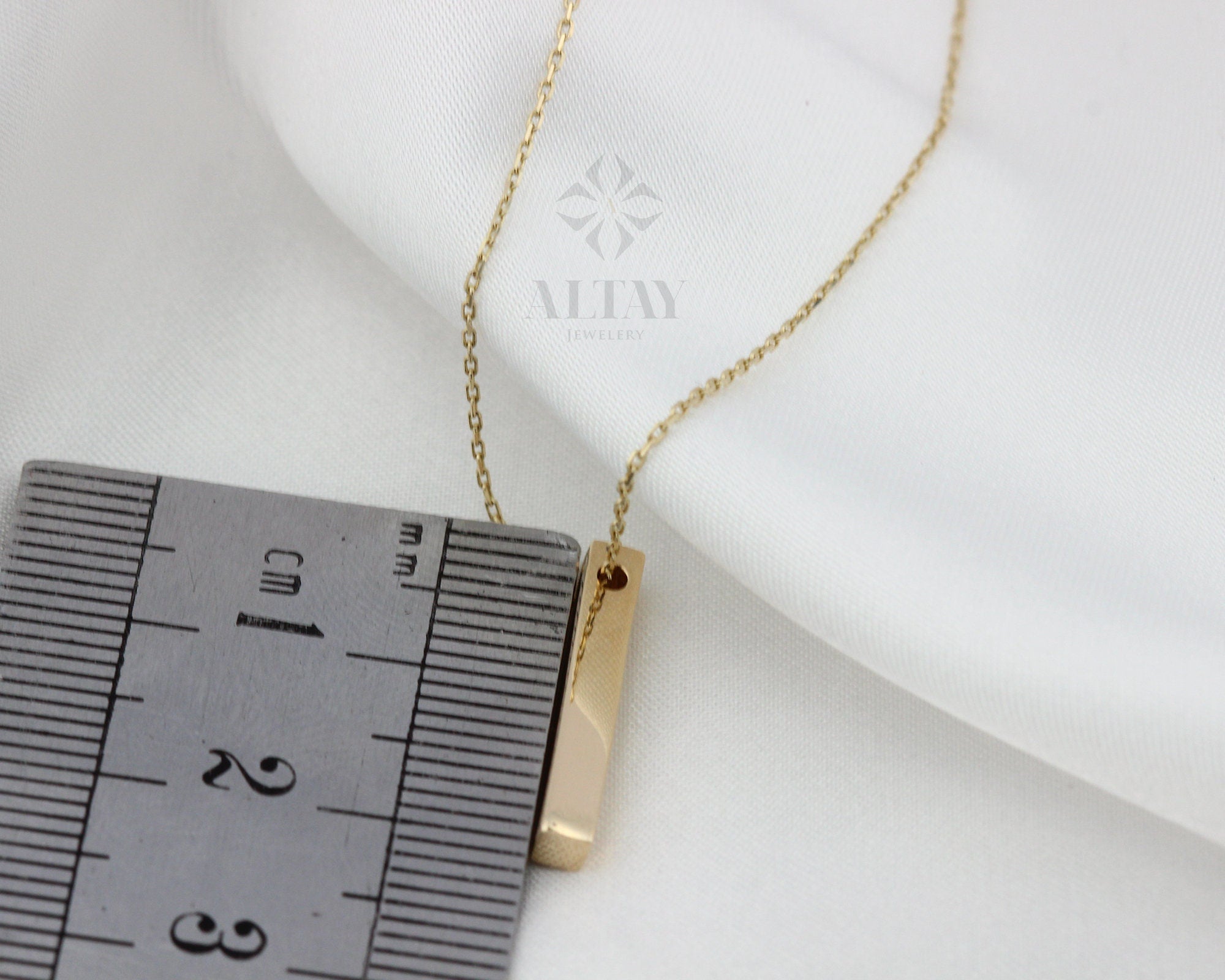 14K Gold Bar Necklace, 4 Side Engraved Necklace, 3D Gold Bar Necklace, Vertical Family Name Necklace, Coordinate Necklace, Personalized Gift