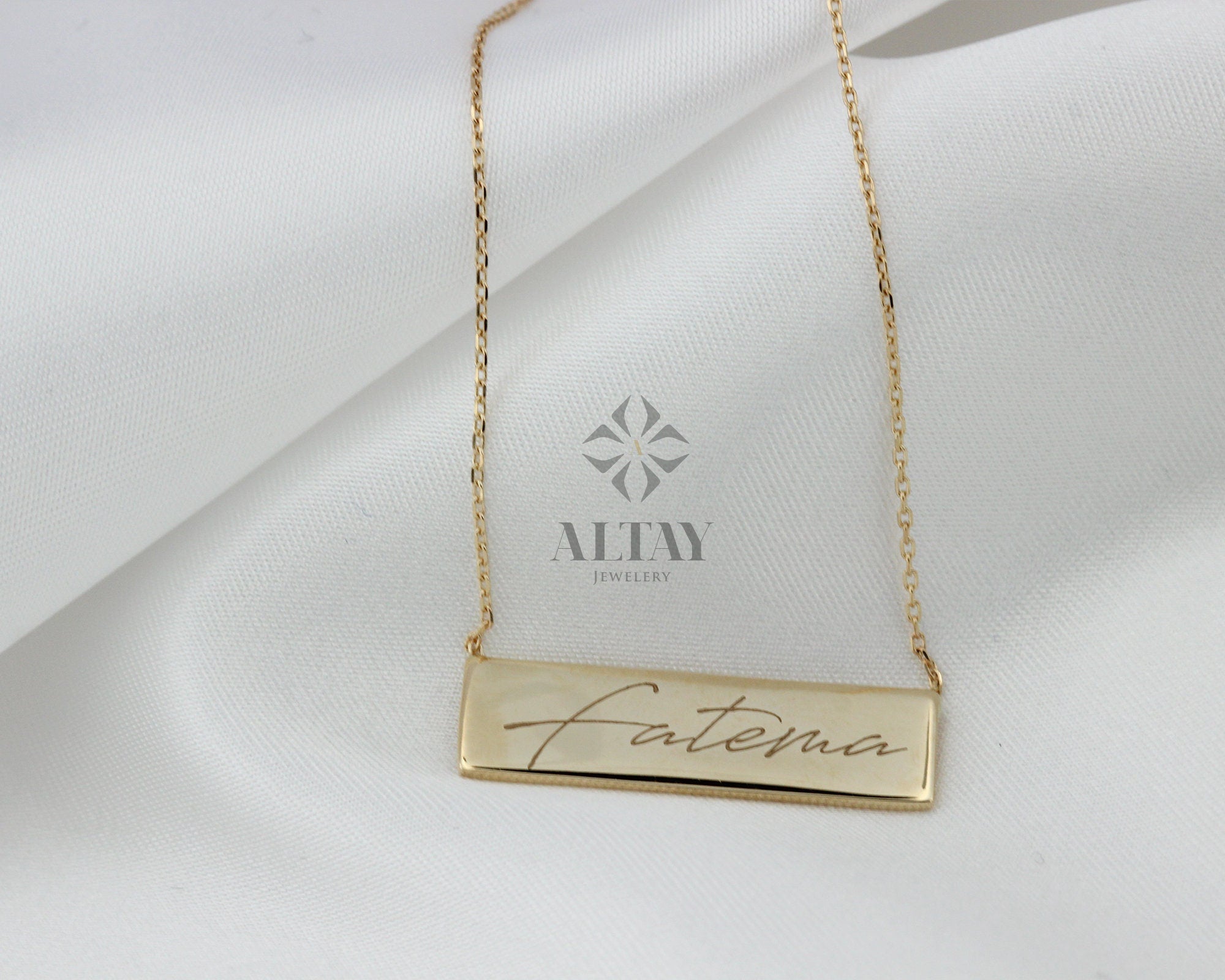 Bar Name Tag Necklace, 14K Solid Gold, Customize Personalized Necklace Bar, Gift For Her, Horizontal Bar Stamped, Engraved Necklace, Fashion