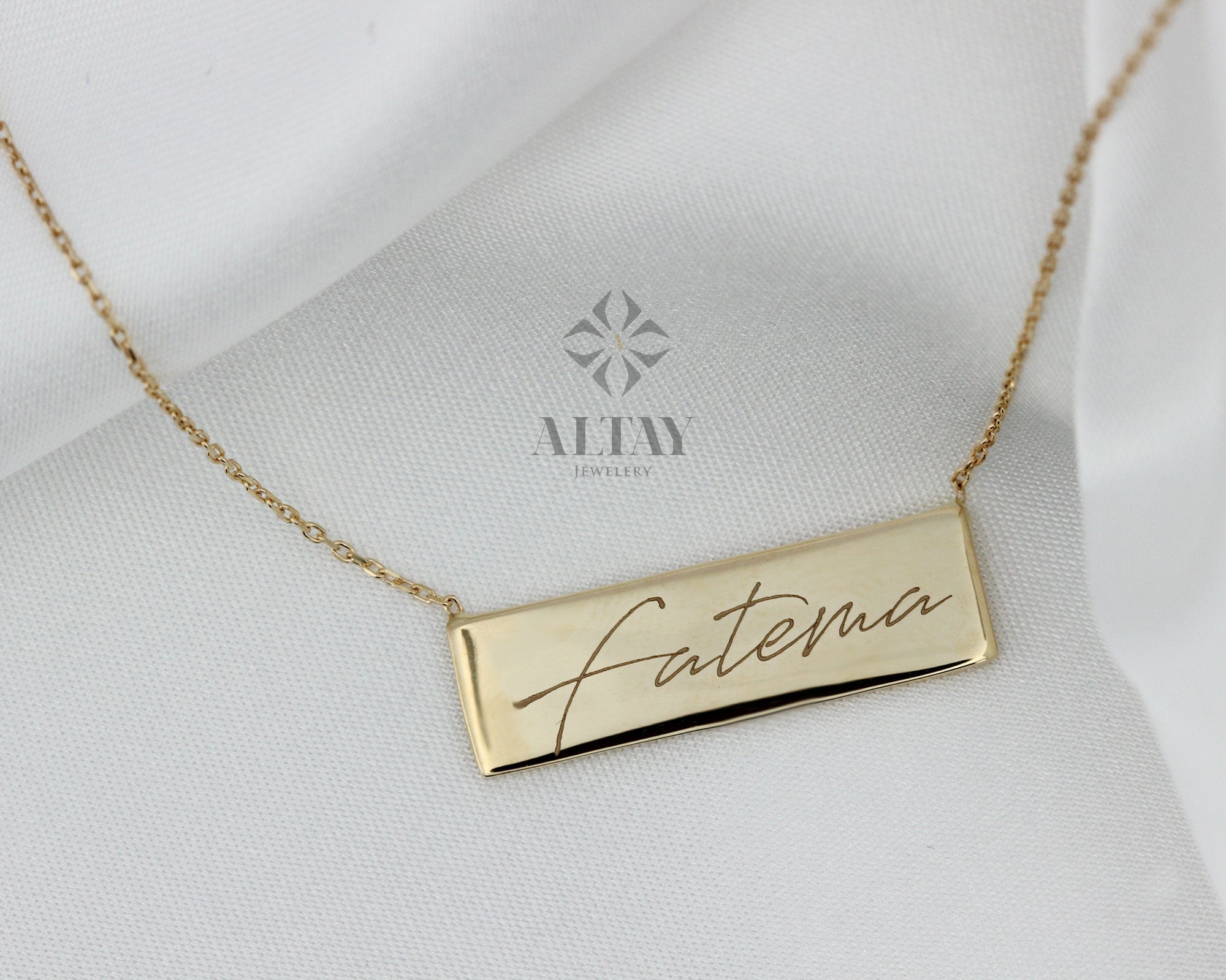 14K Gold Bar Necklace, Personalized Name Necklace, Customized Tag Pendant, Horizontal Coordinate Necklace, Engraved Family Name Choker Gift