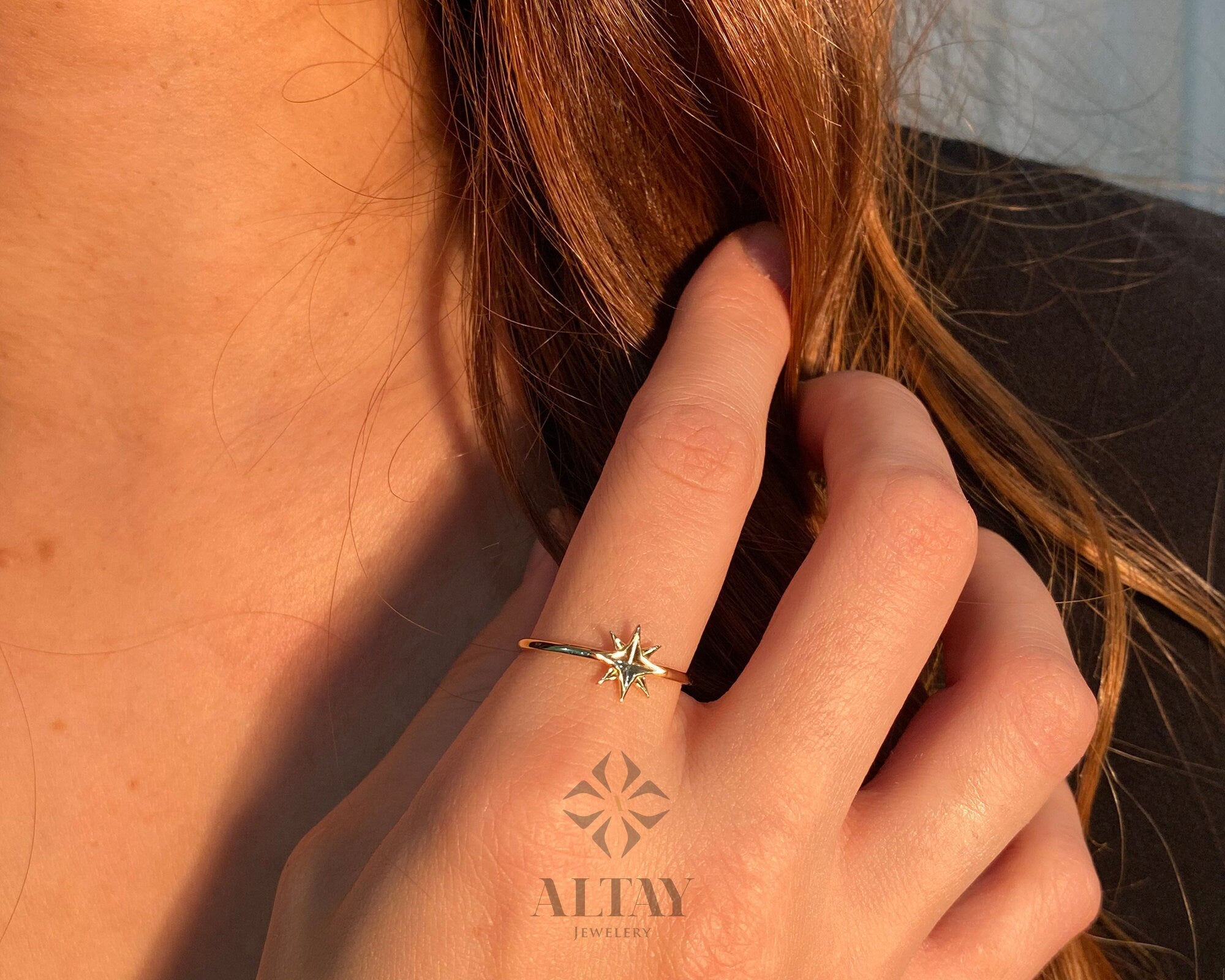 14K Solid Gold North Star Ring, Star Stackable Ring, Dainty Star Ring, Gold Starbust Ring, Minimalist Fine Jewelry, Gift For Her , Delicate