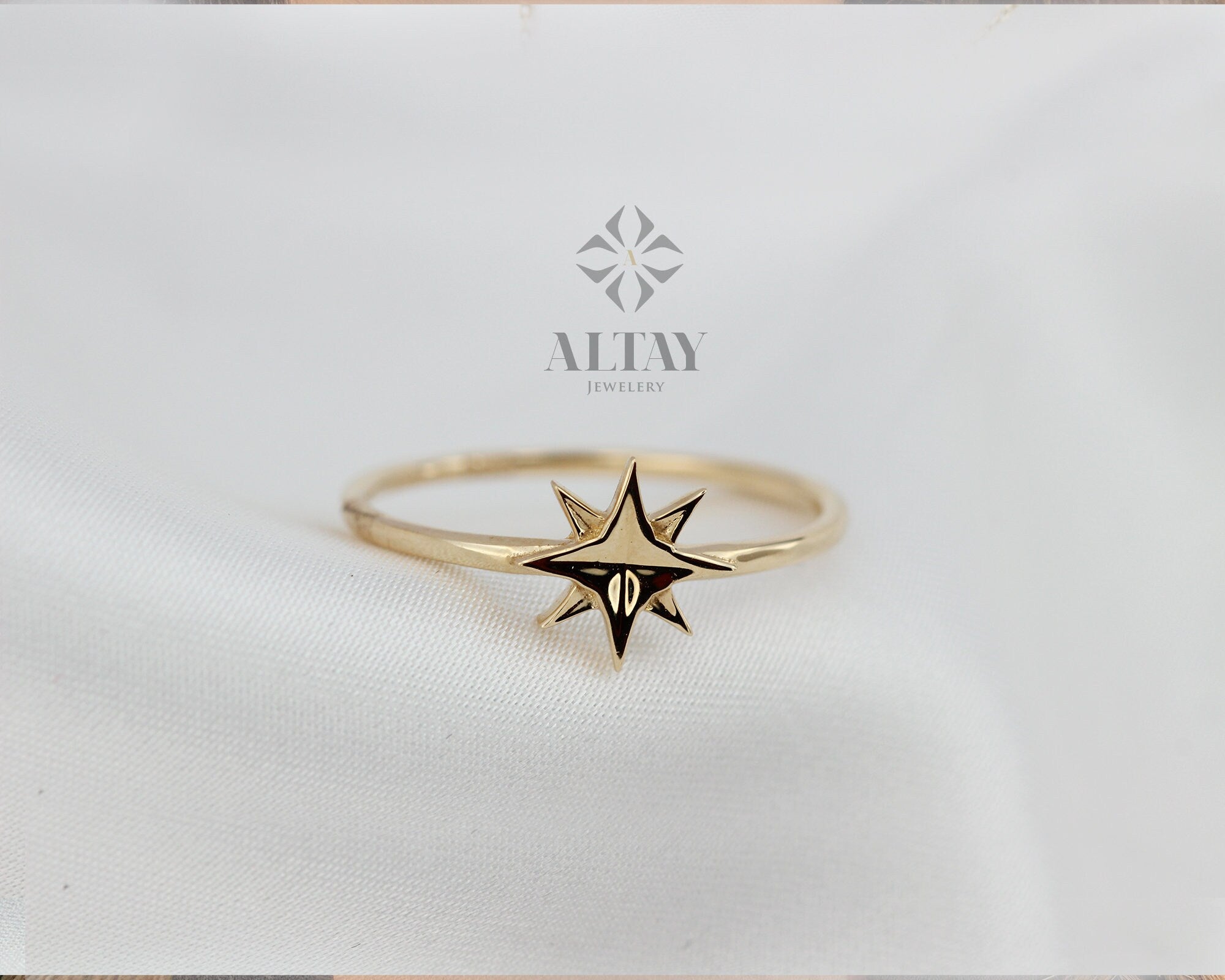 14K Solid Gold North Star Ring, Star Stackable Ring, Dainty Star Ring, Gold Starbust Ring, Minimalist Fine Jewelry, Gift For Her , Delicate