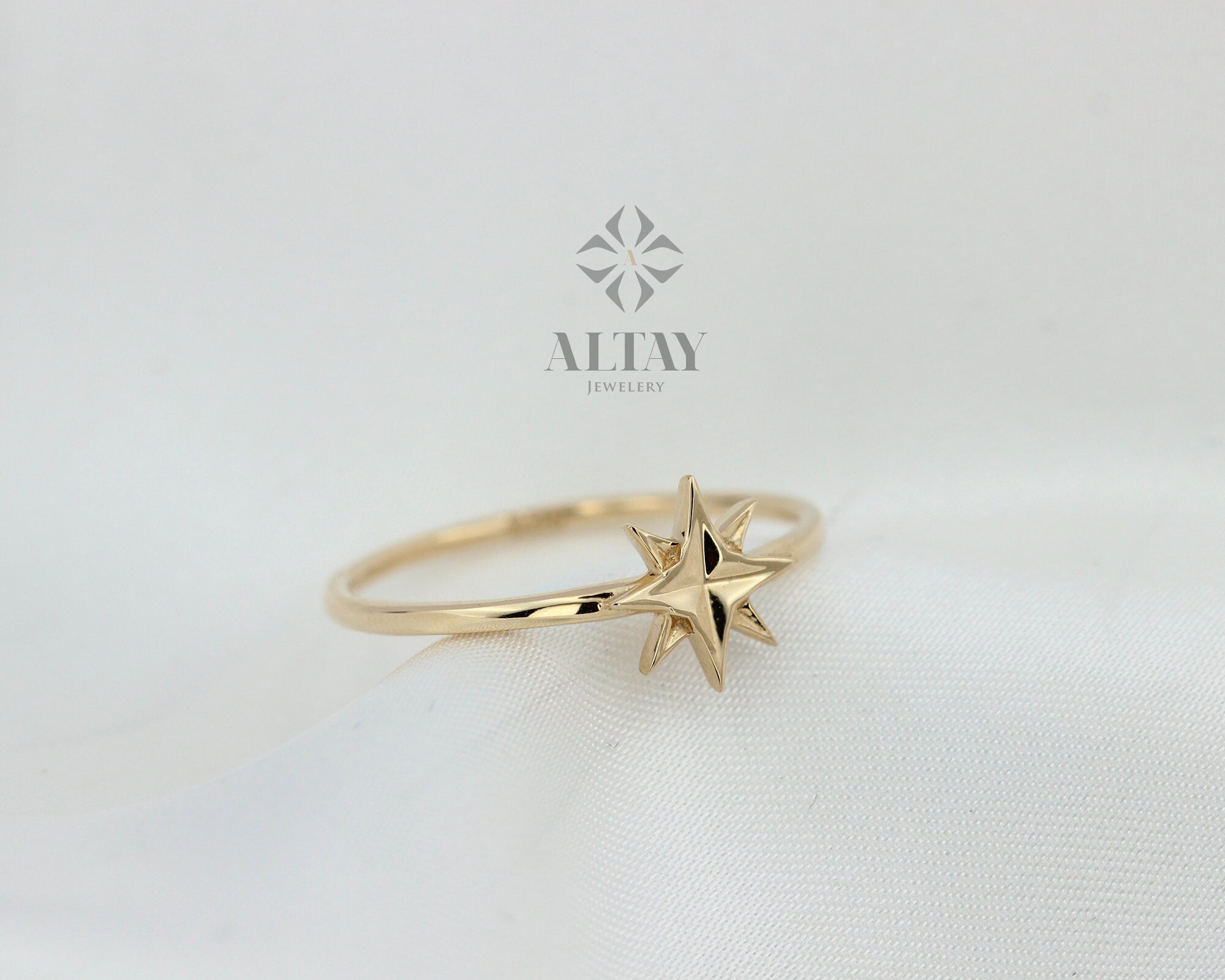 14K Solid Gold North Star Ring, Star Stackable Ring, Dainty Star Ring, Gold Starbust Ring, Minimalist Fine Jewelry, Gift For Her , Delicate