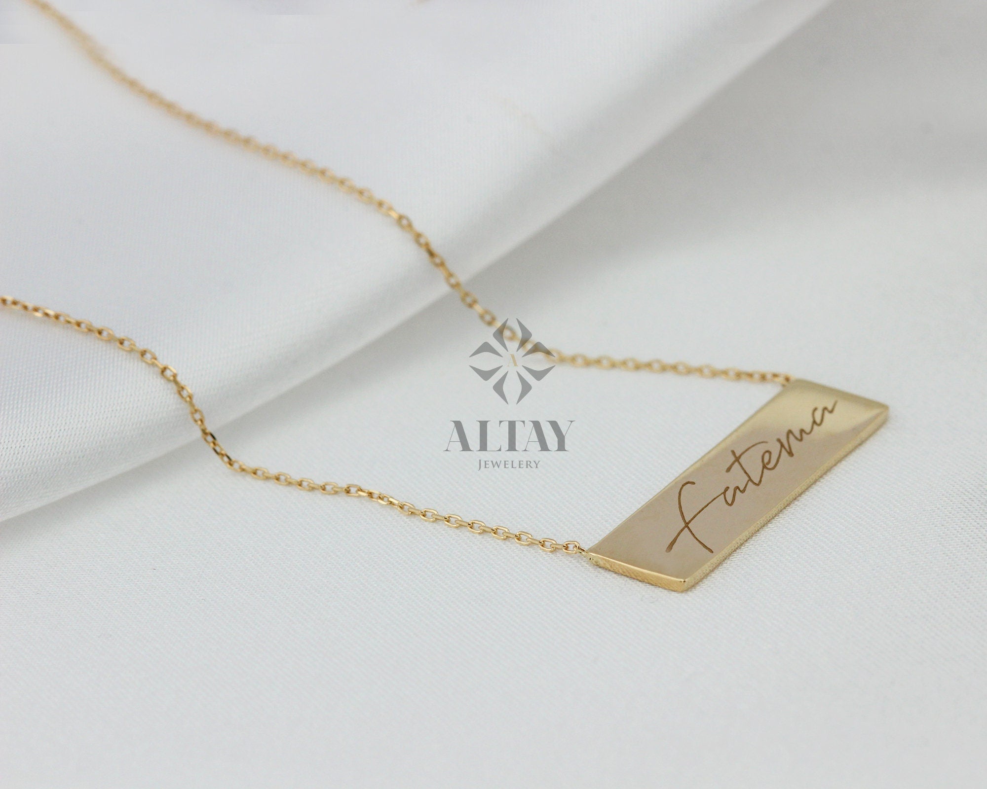 Bar Name Tag Necklace, 14K Solid Gold, Customize Personalized Necklace Bar, Gift For Her, Horizontal Bar Stamped, Engraved Necklace, Fashion