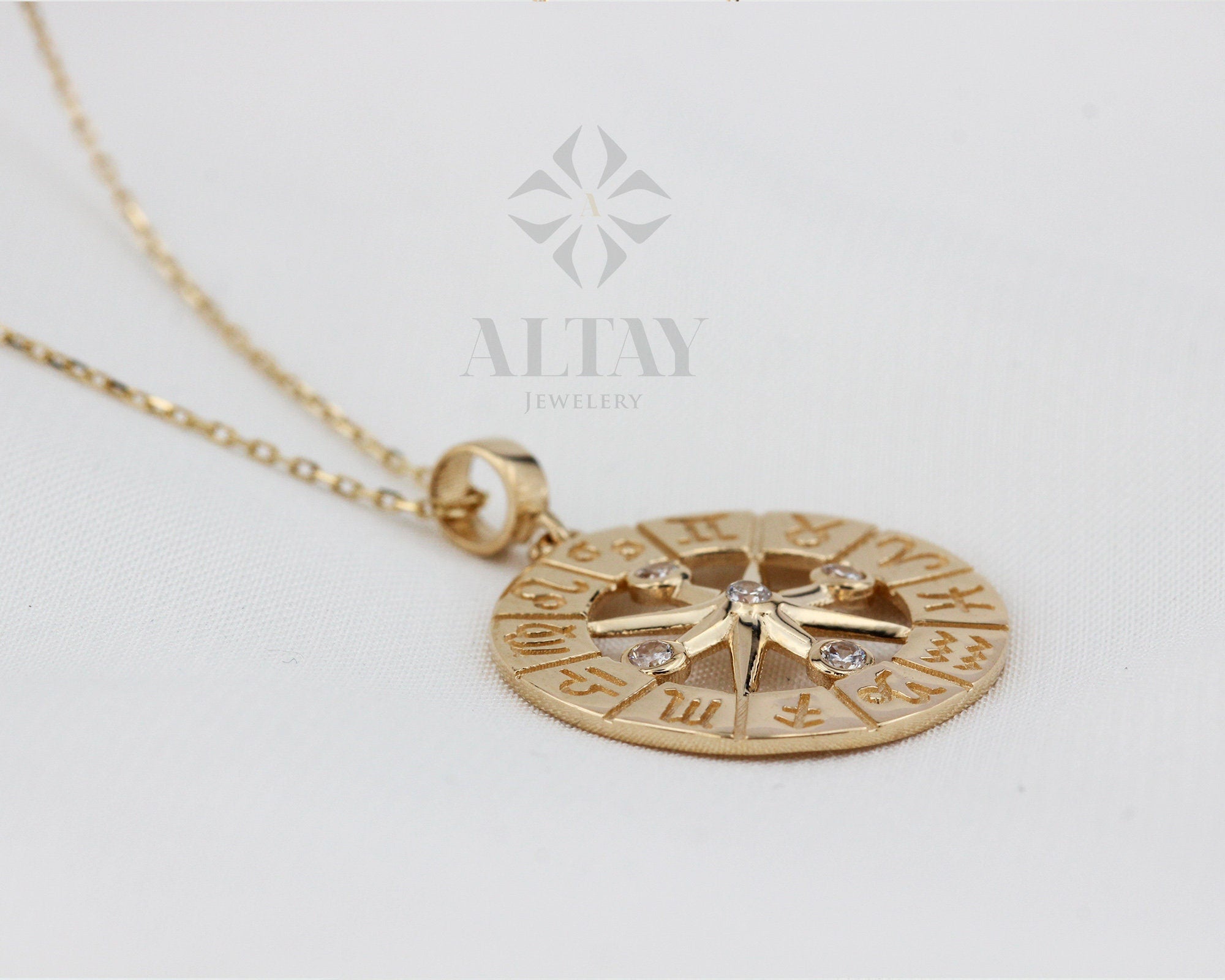 14K Gold Zodiac Compass Necklace, Horoscope Sign Coin Pendant, Medallion Zodiac Charm, Layered Birthstone Necklace, Celestial Jewelry, Gift