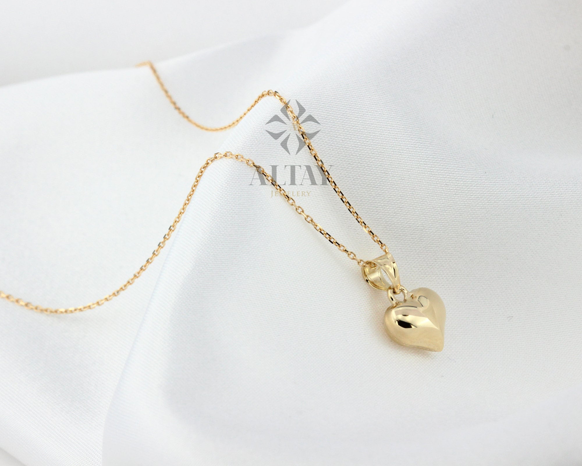 14K Gold Heart Necklace, Small Heart Necklace, Mini 3D Heart Pendant, Puffy Heart Real Gold Charm, Love Pendant Choker, Gift for Her