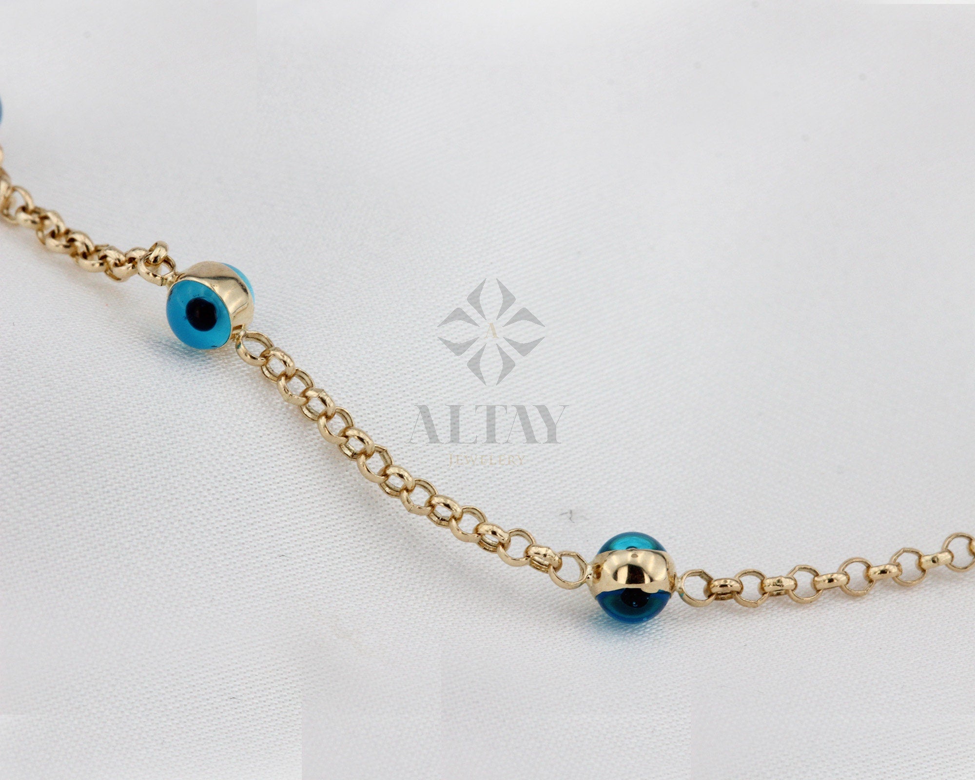 14K Gold Evil Eye Bracelet, Gold Chain Bracelet, Evil Eye Charm Bracelet, Everyday Rolo Gold Jewelry, Minimalist Jewelry, Gift for Her