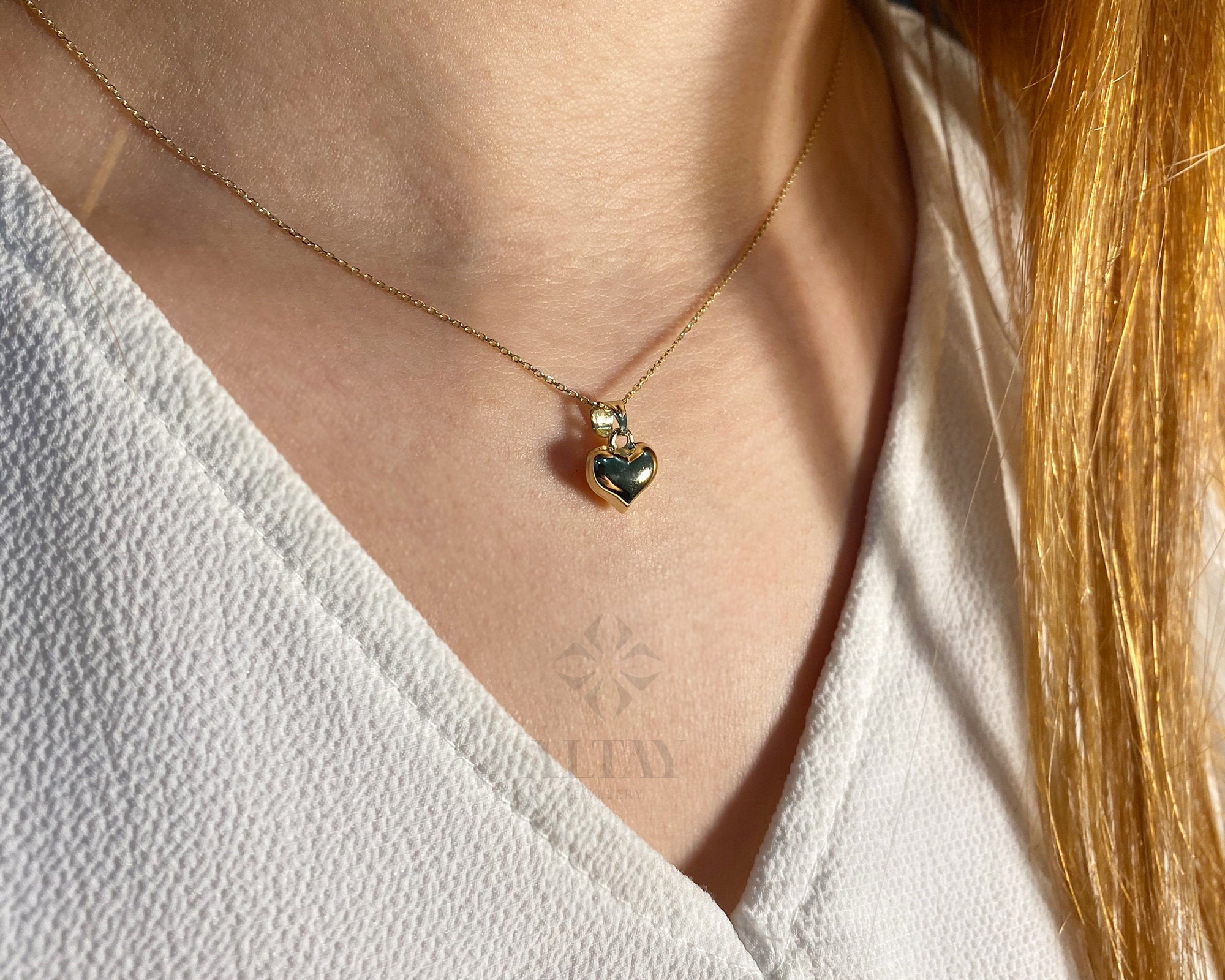 14K Gold Heart Necklace, Small Heart Necklace, Mini 3D Heart Pendant, Puffy Heart Real Gold Charm, Love Pendant Choker, Gift for Her