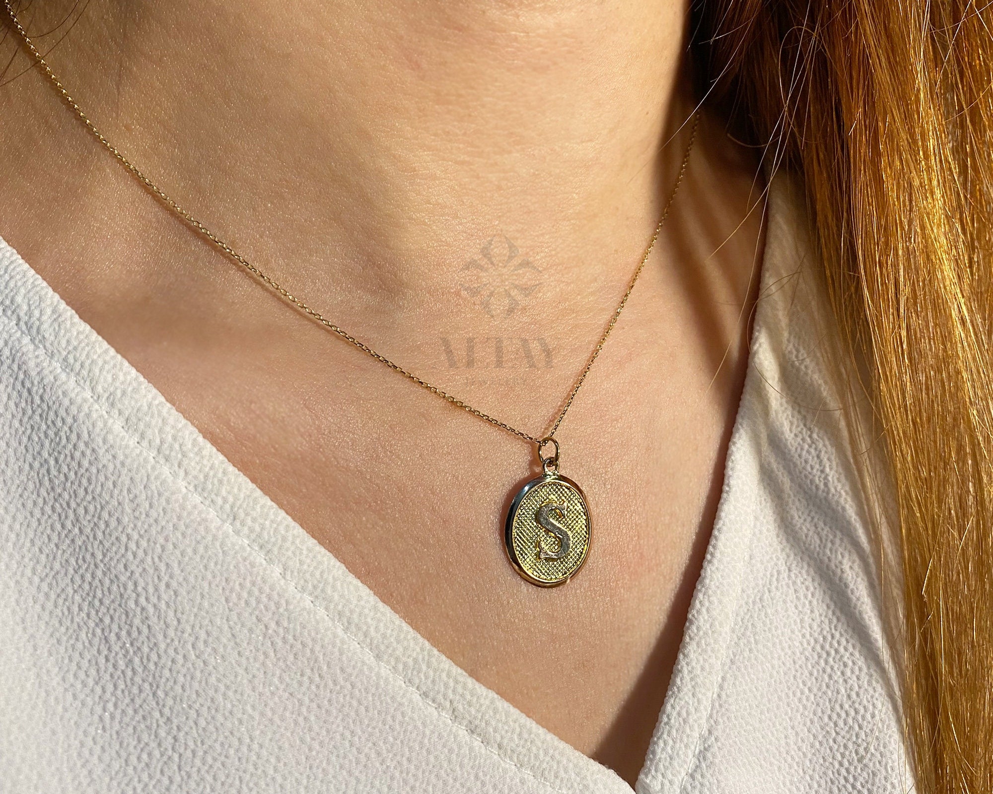 14K Gold Initial Necklace, Gold Letter Necklace, Round Block Letter, Custom Personalized Necklace, Medallion Necklace, Gift For Her Him