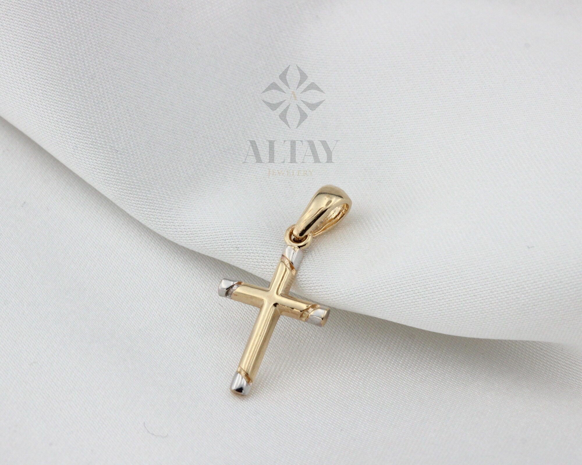 14K Gold Cross Necklace, Crucifix Pendant Chain, Jesus Christ Religious Jewelry, Christening, Dainty Cross Charm, Christian Two-Tone Pendant
