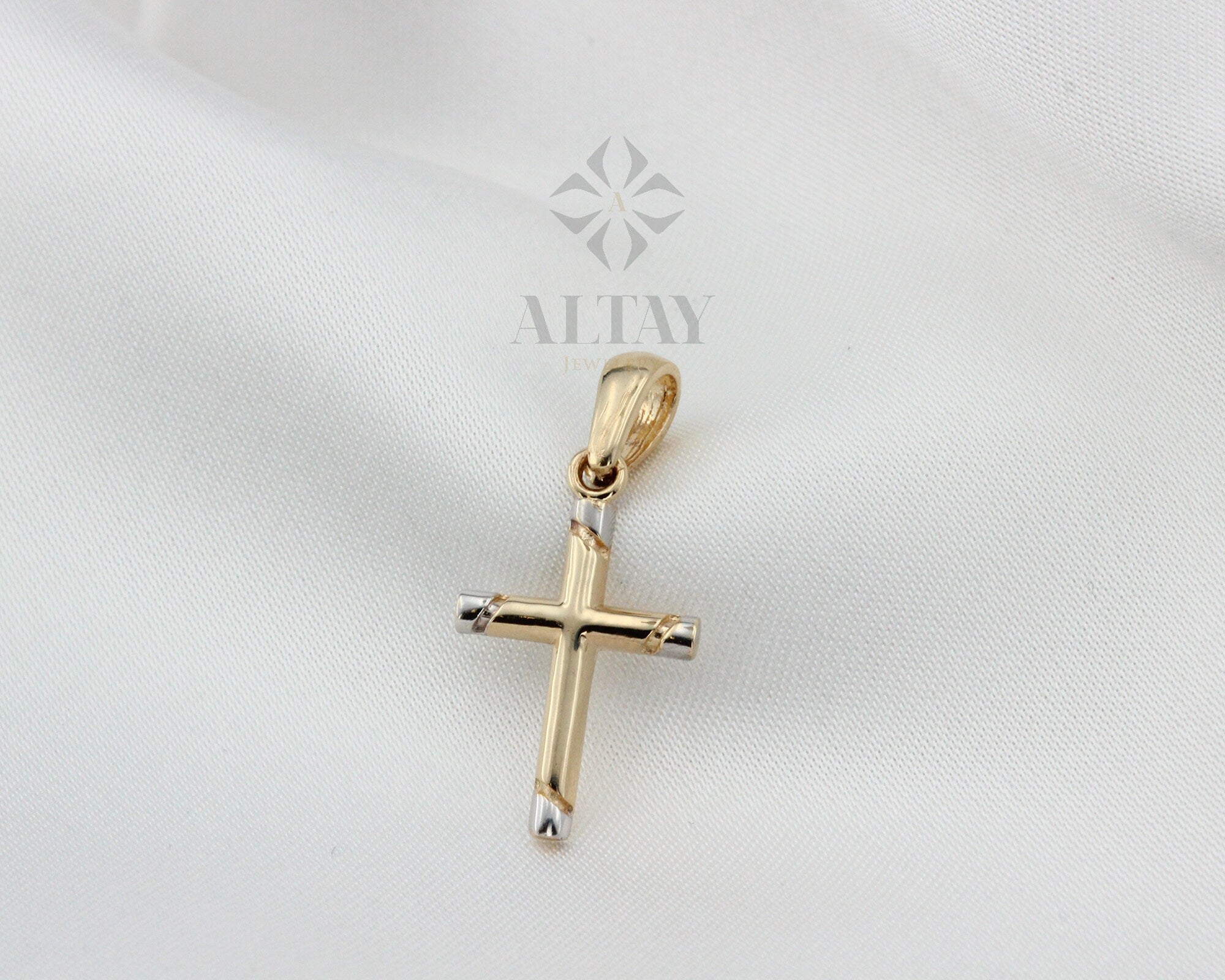 14K Gold Cross Necklace, Crucifix Pendant Chain, Jesus Christ Religious Jewelry, Christening, Dainty Cross Charm, Christian Two-Tone Pendant