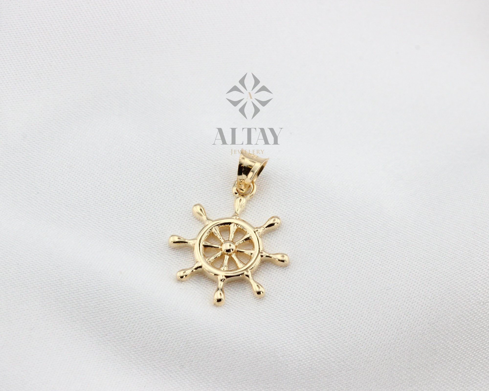 14K Gold Ship Wheel Necklace, Rudder Pendant, Nautical Charm, Boat Prow Pirate Jewelry, Tiny Boat Helm Choker, Gold Pendant, Gift for Her