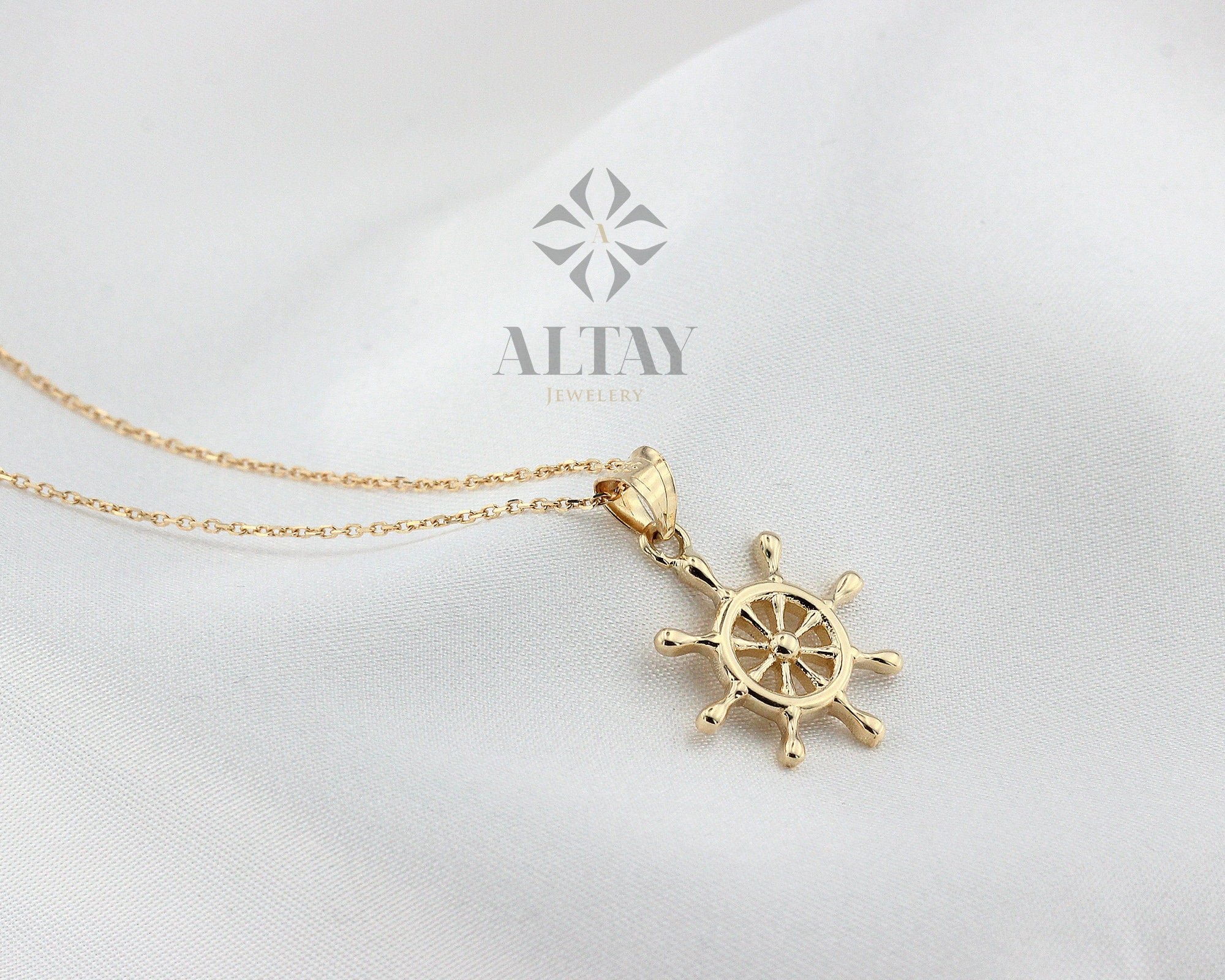 14K Gold Ship Wheel Necklace, Rudder Pendant, Nautical Charm, Boat Prow Pirate Jewelry, Tiny Boat Helm Choker, Gold Pendant, Gift for Her