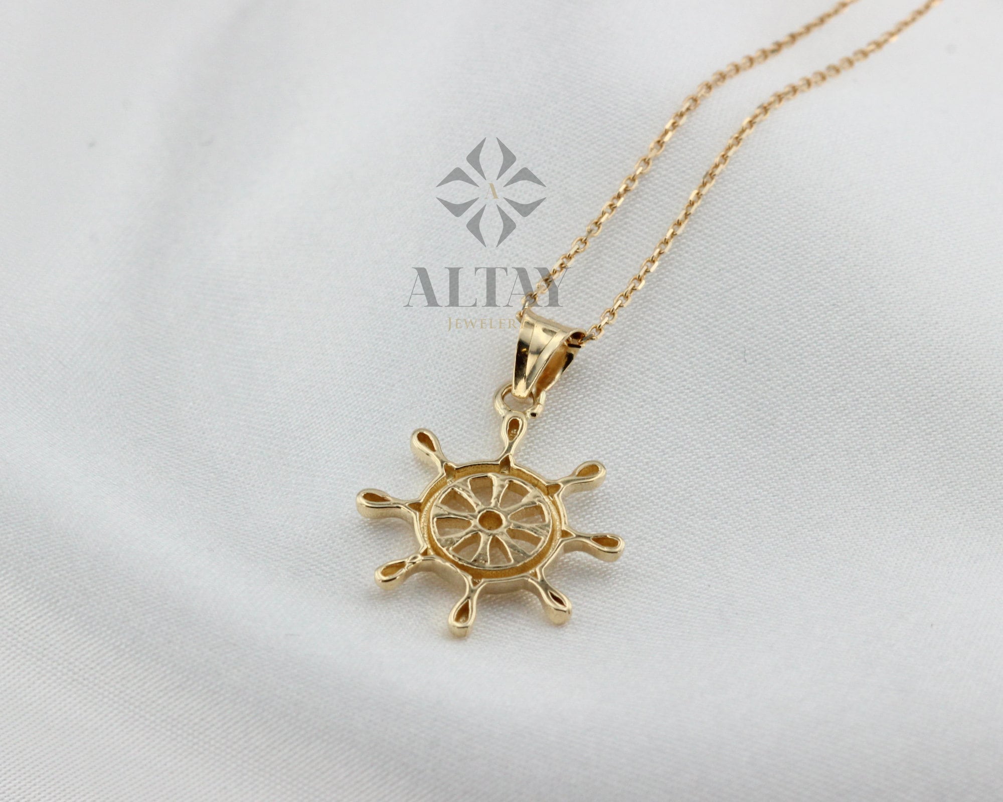 14K Gold Ship Wheel Necklace, Rudder Pendant, Nautical Charm, Boat Prow Pirate Jewelry, Tiny Boat Helm Choker, Gold Pendant, Gift for Her