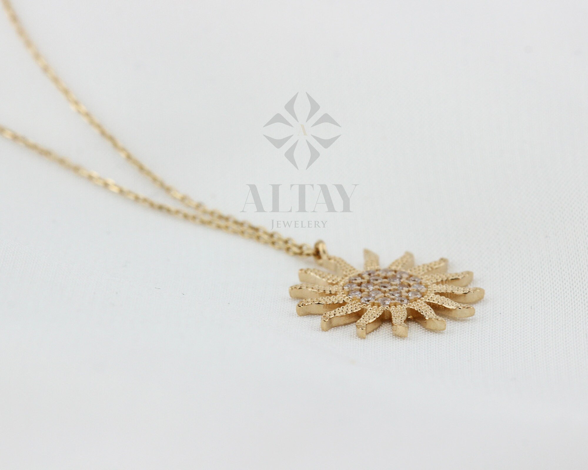 14K Gold Diamond Sun Necklace, Celestial Pendant, CZ Diamonds Choker, Minimalist Jewelry, Dainty Sun Star, Layering Chain, Gift for Her