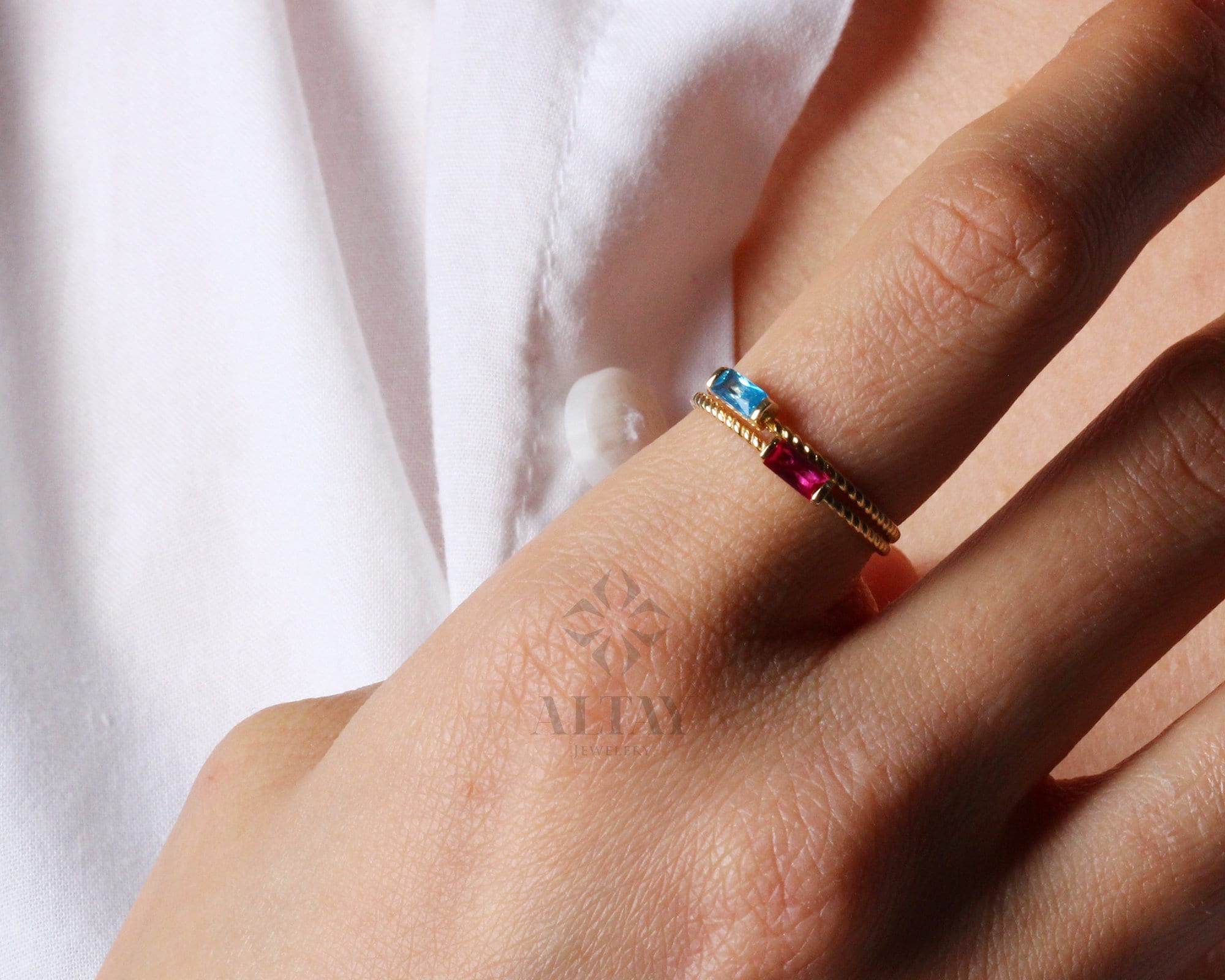 14K Solid Gold Baguette Ring, London Blue Topaz Ring, Ruby Stacking Ring, Aquamarine Dainty Wedding Ring, Tiny Stackable Ring, Gift For Her