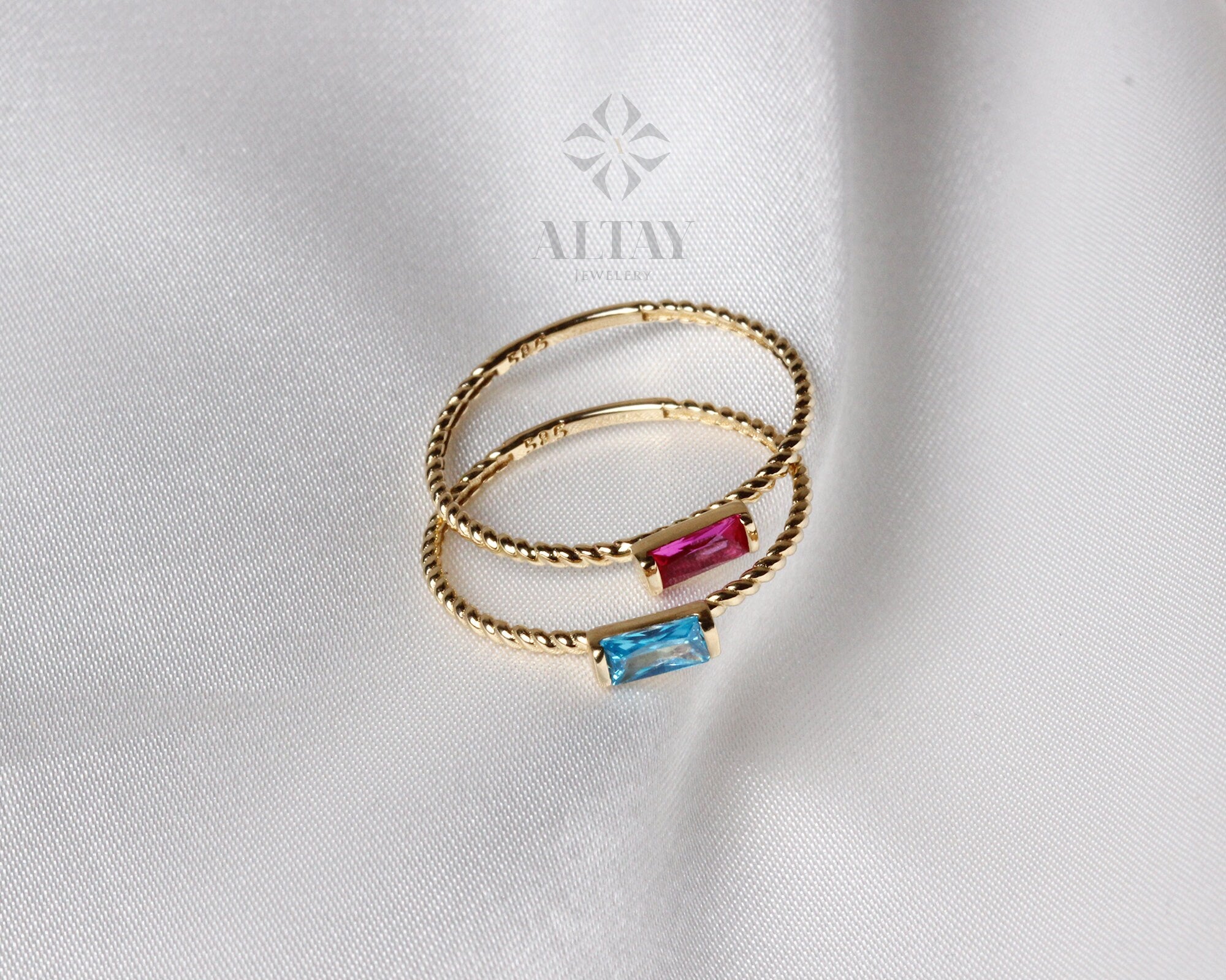 14K Solid Gold Baguette Ring, London Blue Topaz Ring, Ruby Stacking Ring, Aquamarine Dainty Wedding Ring, Tiny Stackable Ring, Gift For Her