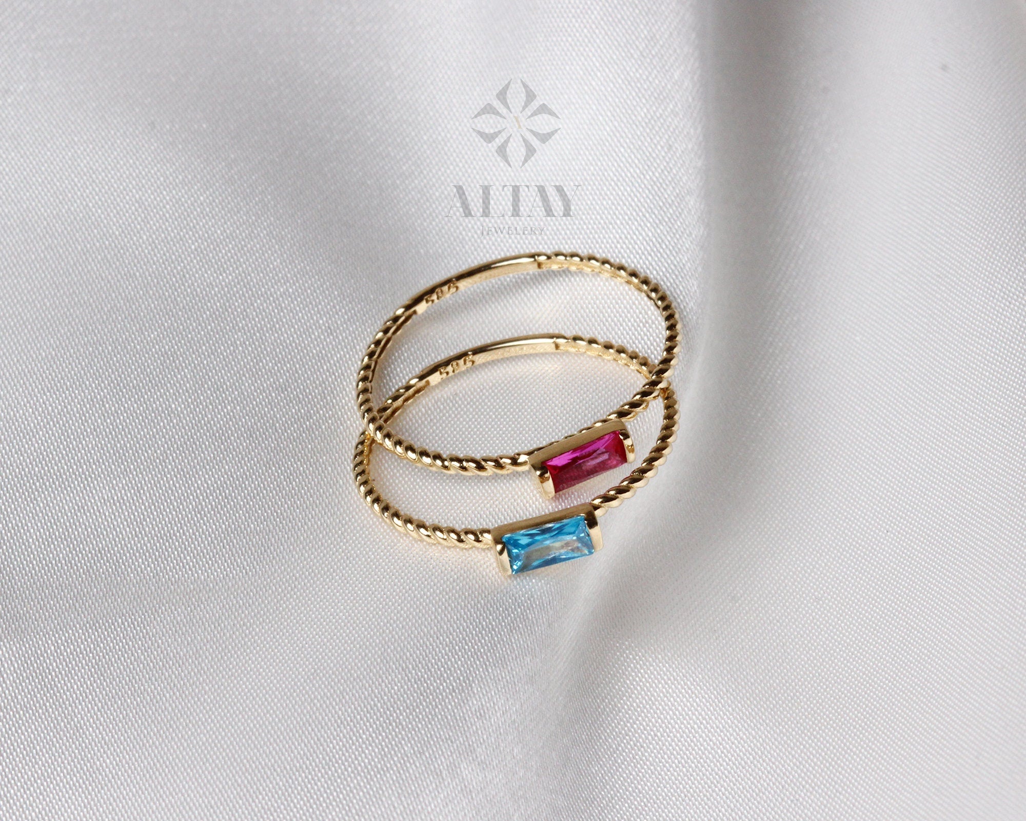 14K Gold Birthstone Baguette Ring, Custom Gemstone Ring, Personalized Solitaire Band, Dainty Ring, Stacking Ring, Gold Simple Ring Women