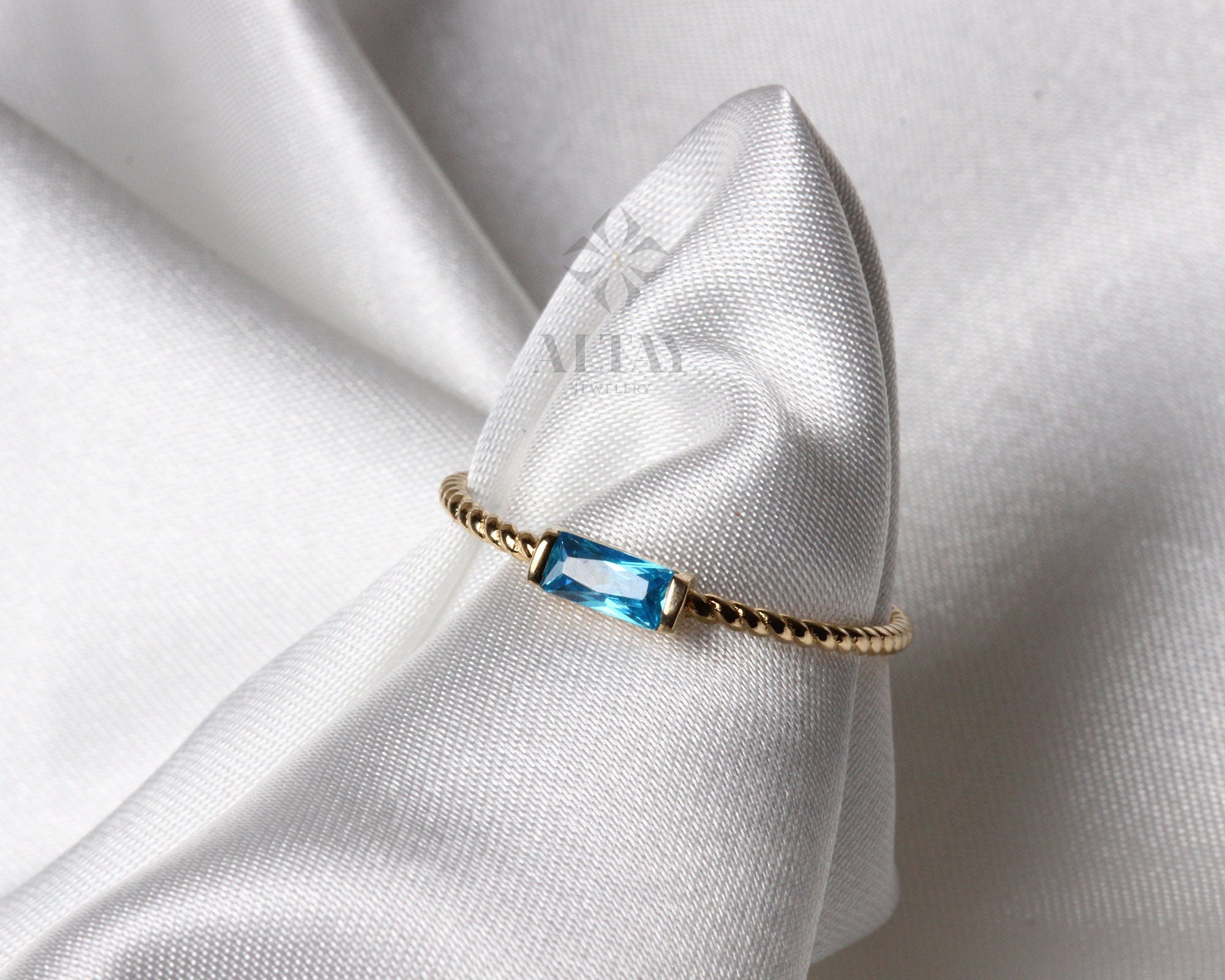 14K Gold Birthstone Baguette Ring, Custom Gemstone Ring, Personalized Solitaire Band, Dainty Ring, Stacking Ring, Gold Simple Ring Women