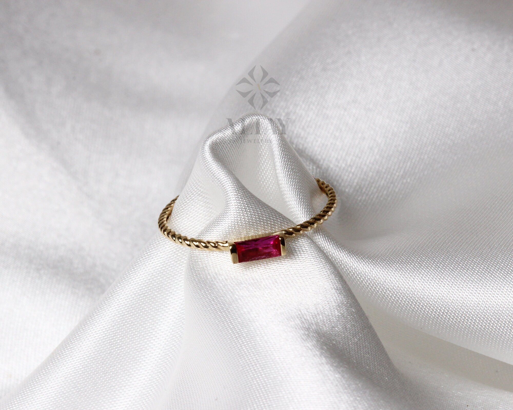 14K Solid Gold Baguette Ring, London Blue Topaz Ring, Ruby Stacking Ring, Aquamarine Dainty Wedding Ring, Tiny Stackable Ring, Gift For Her