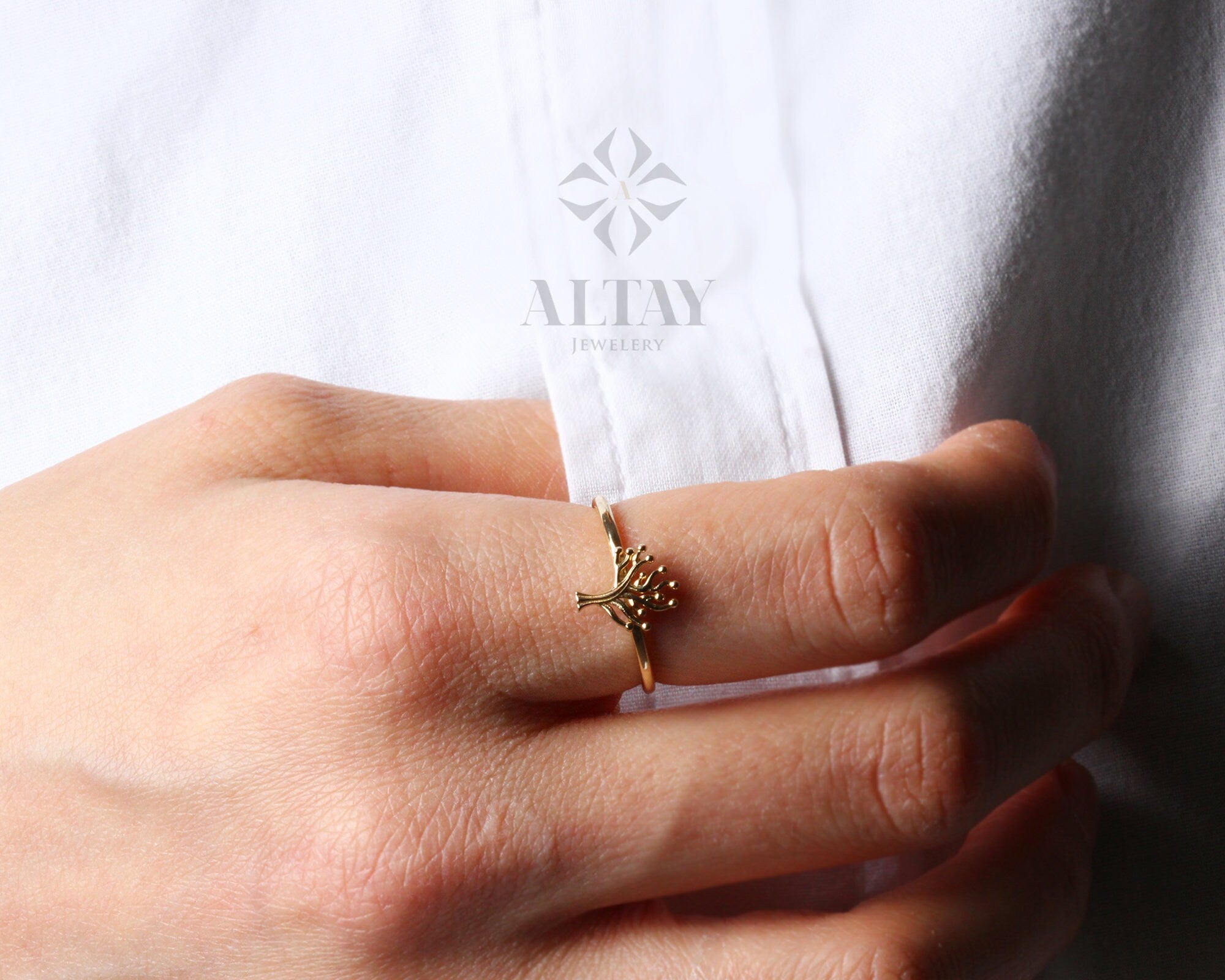 14K Gold Tree Ring, Tree of Life Ring, Family Tree Ring, Tree of Life Ring Band, Engraved Tree Statement Bush Band, Bridesmaid Gift for Her