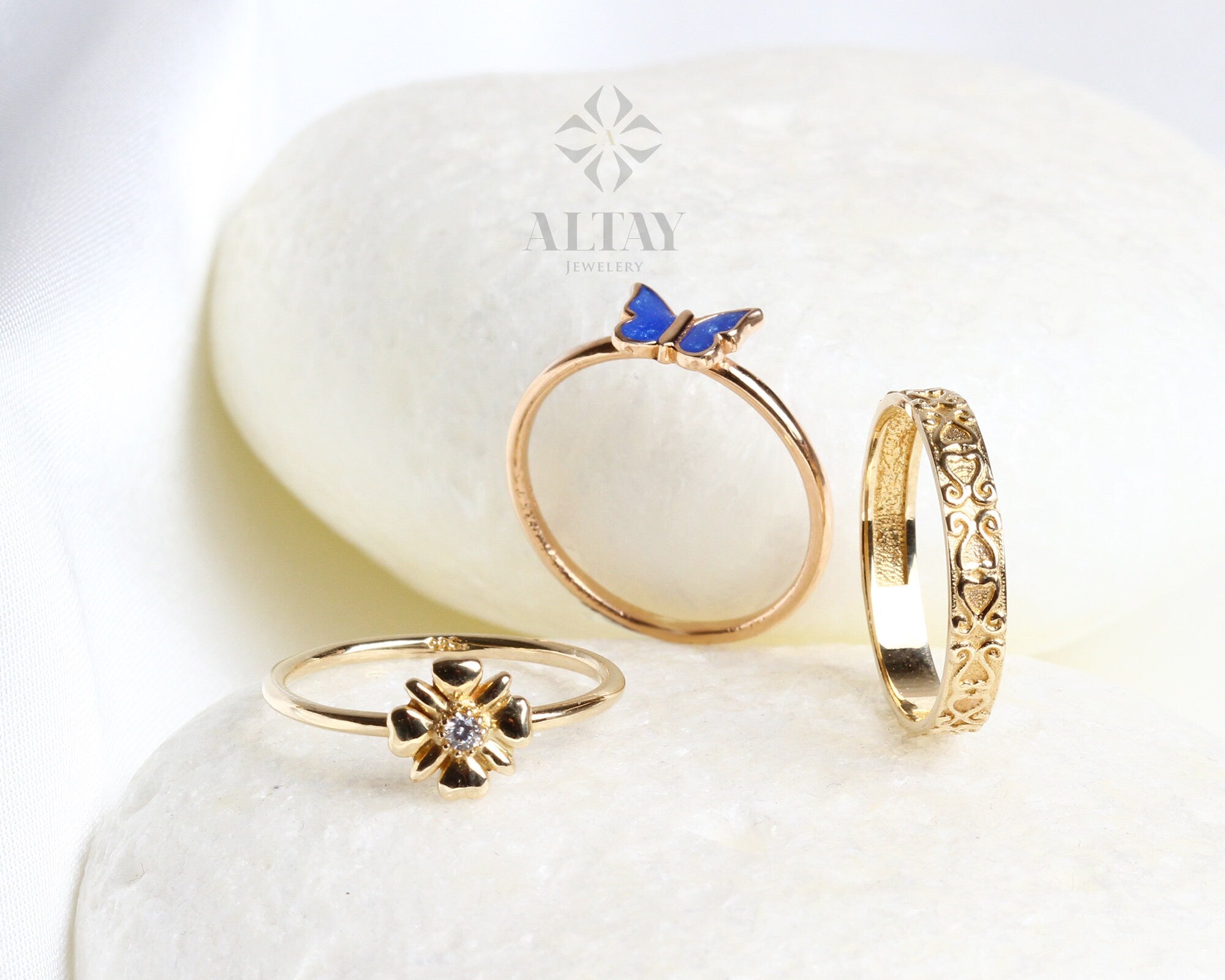 14K Solid Gold Flower Ring, Dainty Ring, Minimalist Ring, Tiny Ring, Stackable Cz Ring, Gold Stacking Ring, Chic Ring, Gift for Her