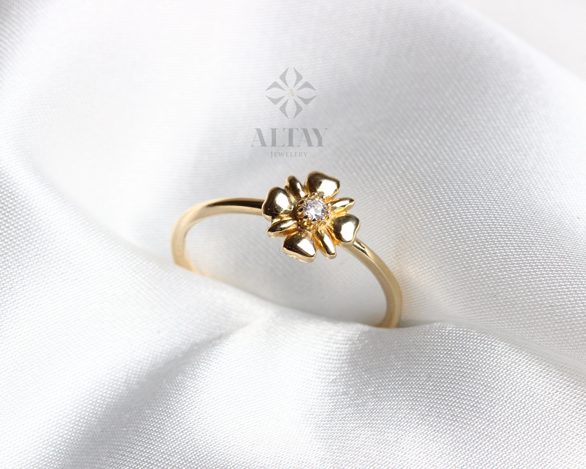14K Solid Gold Flower Ring, Dainty Ring, Minimalist Ring, Tiny Ring, Stackable Cz Ring, Gold Stacking Ring, Chic Ring, Gift for Her