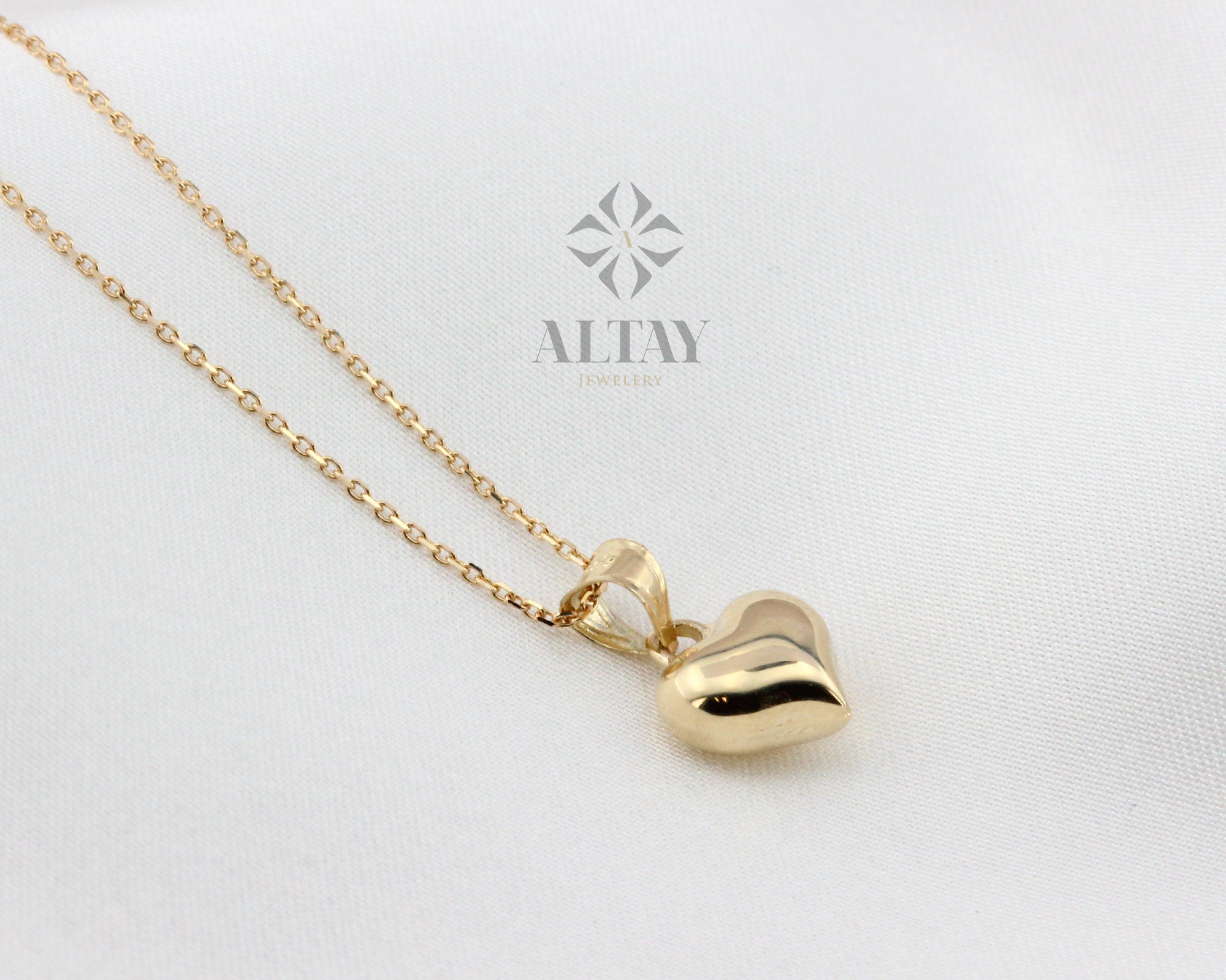 14K Gold Puffy Heart Necklace, Dainty Solid Gold Heart Pendant, Minimalist Real Gold Necklace, Cute Gift for Her, Everyday Jewelry