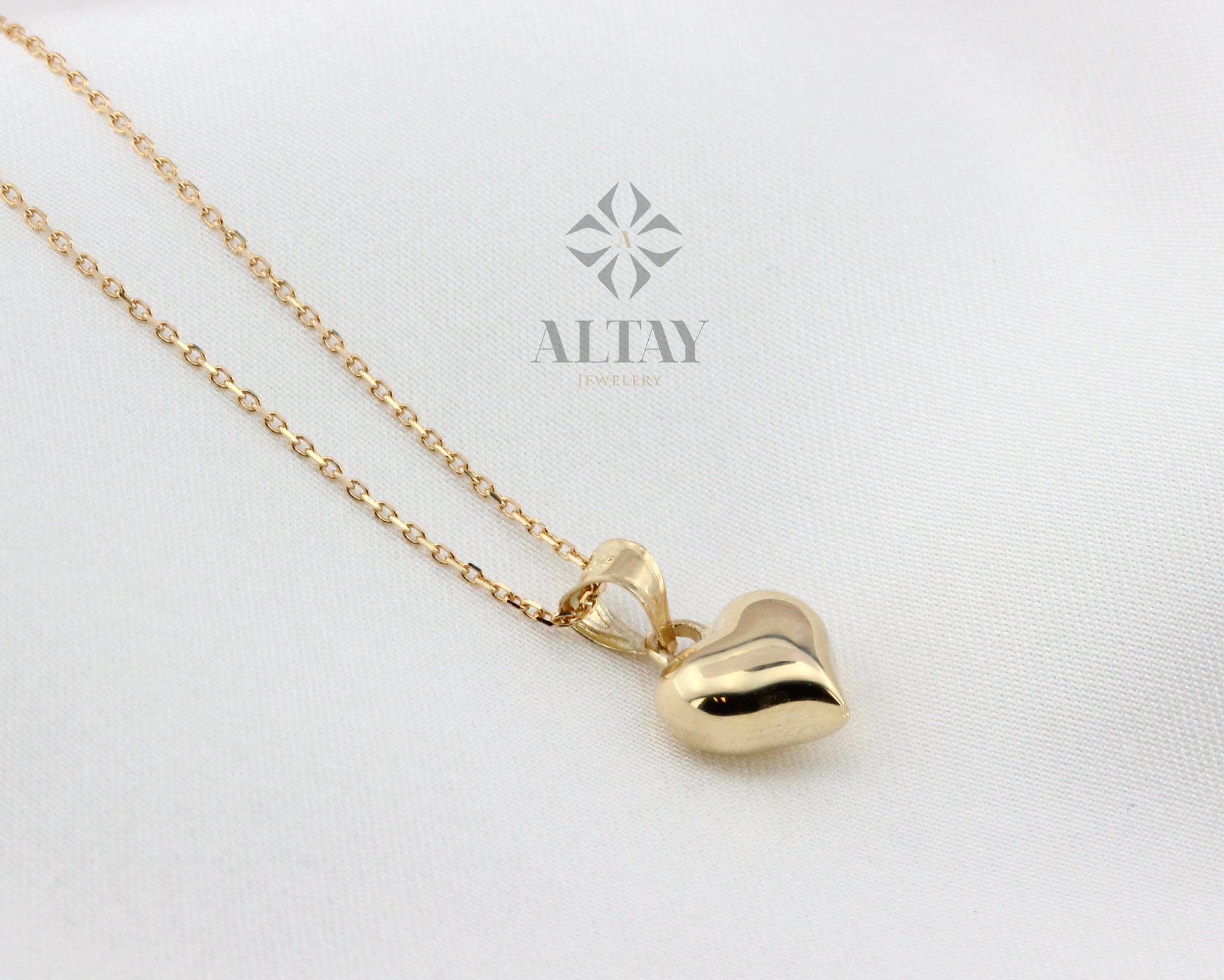 14K Gold Heart Necklace, Small Heart Necklace, Mini 3D Heart Pendant, Puffy Heart Real Gold Charm, Love Pendant Choker, Gift for Her