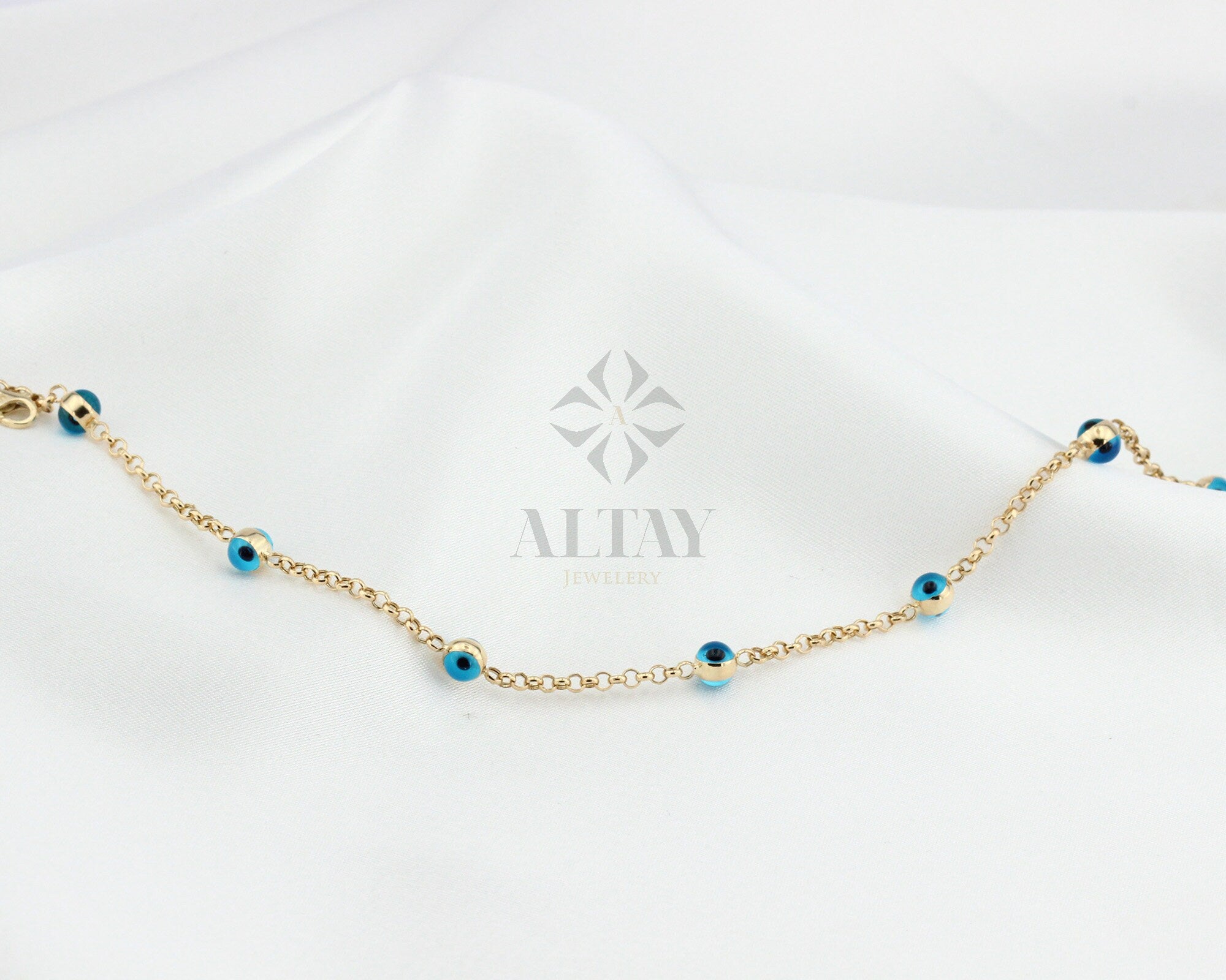 14K Gold Evil Eye Bracelet, Gold Chain Bracelet, Evil Eye Charm Bracelet, Everyday Rolo Gold Jewelry, Minimalist Jewelry, Gift for Her