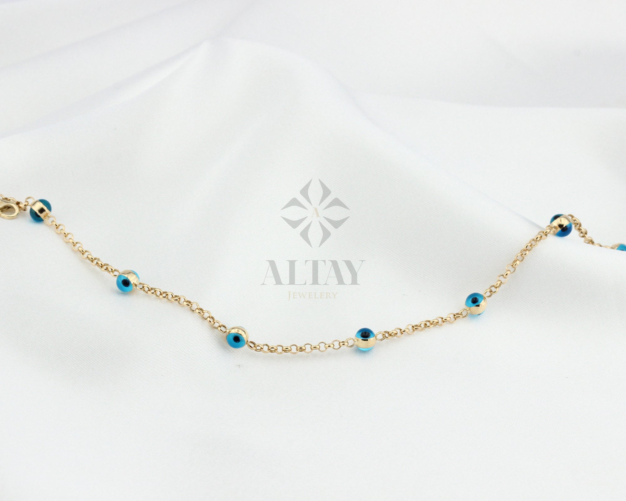 14K Gold Evil Eye Bracelet, Gold Chain Bracelet, Evil Eye Charm Bracelet, Everyday Rolo Gold Jewelry, Minimalist Jewelry, Gift for Her