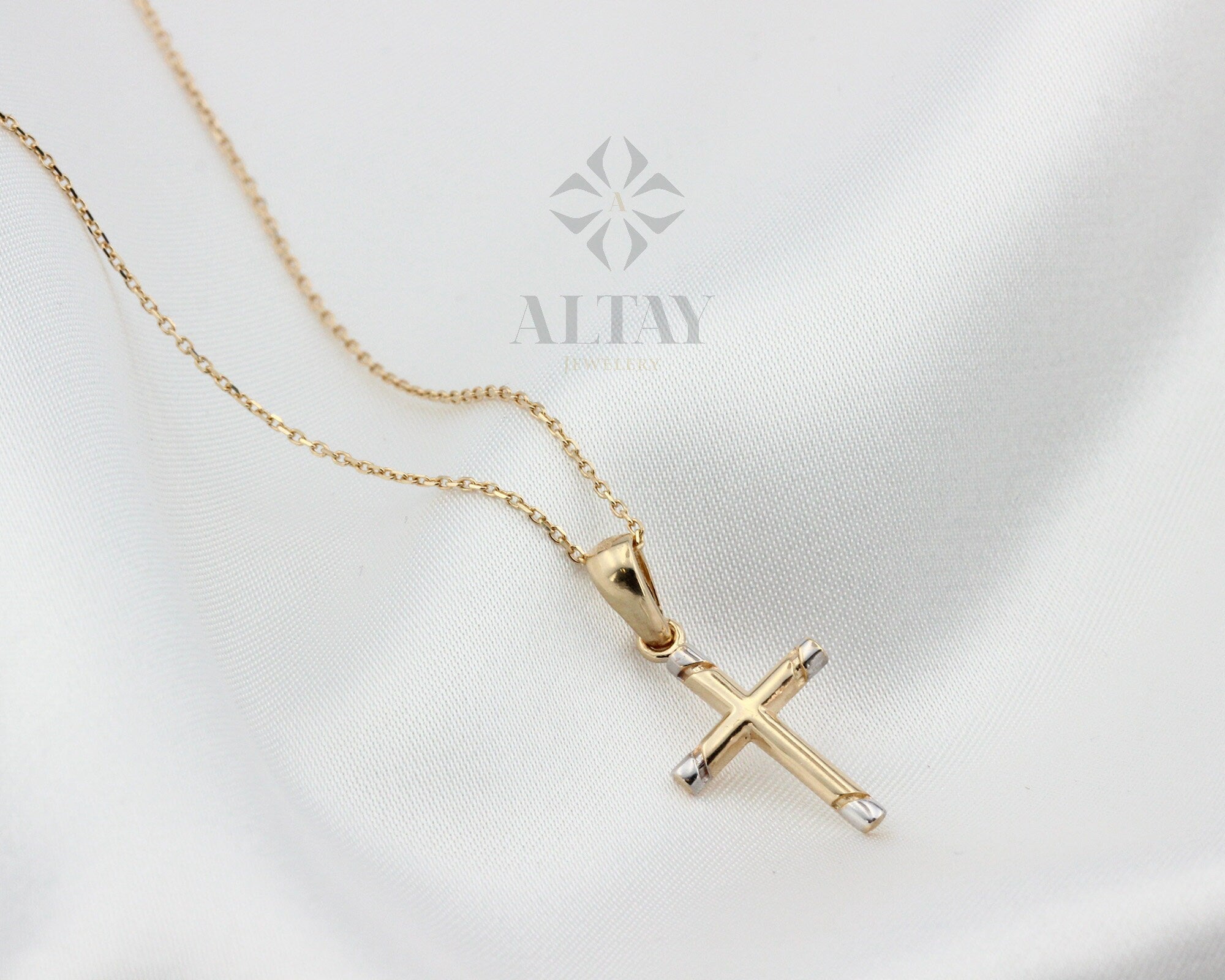 14K Gold Cross Necklace, Crucifix Pendant Chain, Jesus Christ Religious Jewelry, Christening, Dainty Cross Charm, Christian Two-Tone Pendant