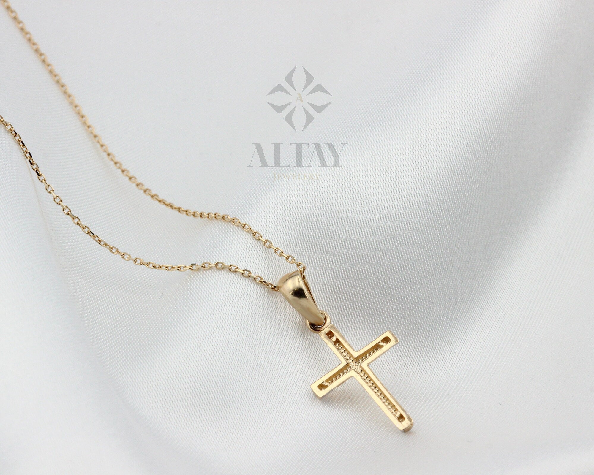 14K Gold Cross Necklace, Crucifix Pendant Chain, Jesus Christ Religious Jewelry, Christening, Dainty Cross Charm, Christian Two-Tone Pendant