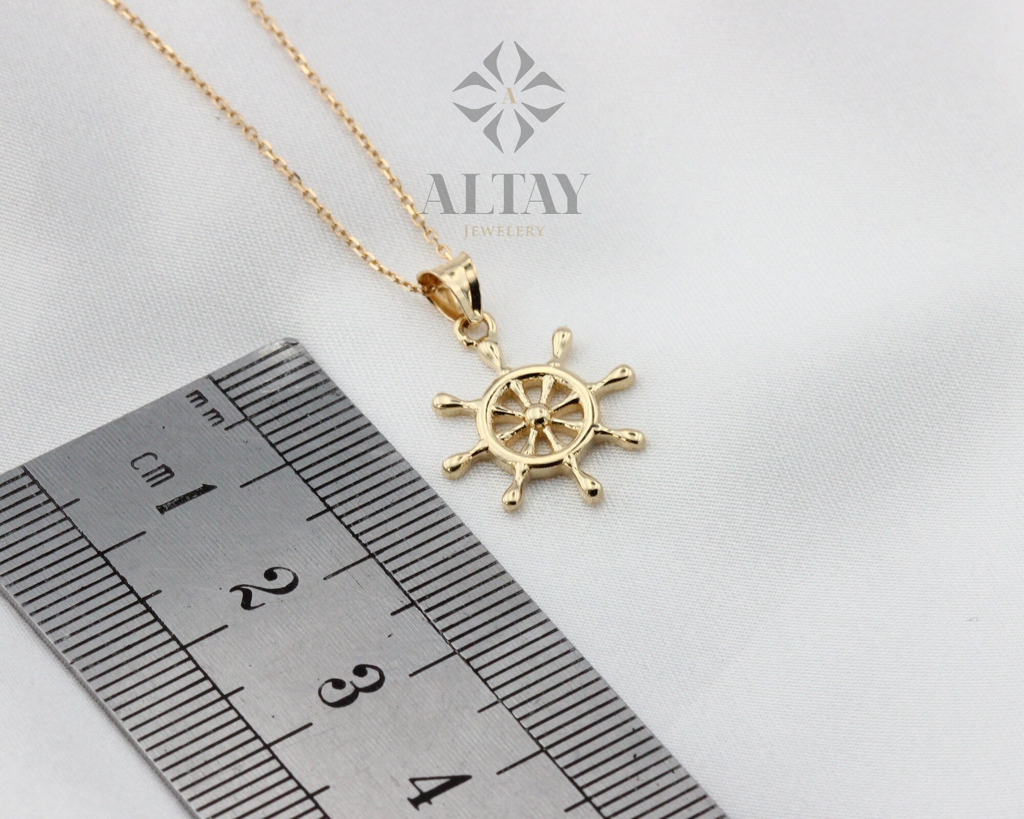 14K Gold Ship Wheel Necklace, Rudder Pendant, Nautical Charm, Boat Prow Pirate Jewelry, Tiny Boat Helm Choker, Gold Pendant, Gift for Her