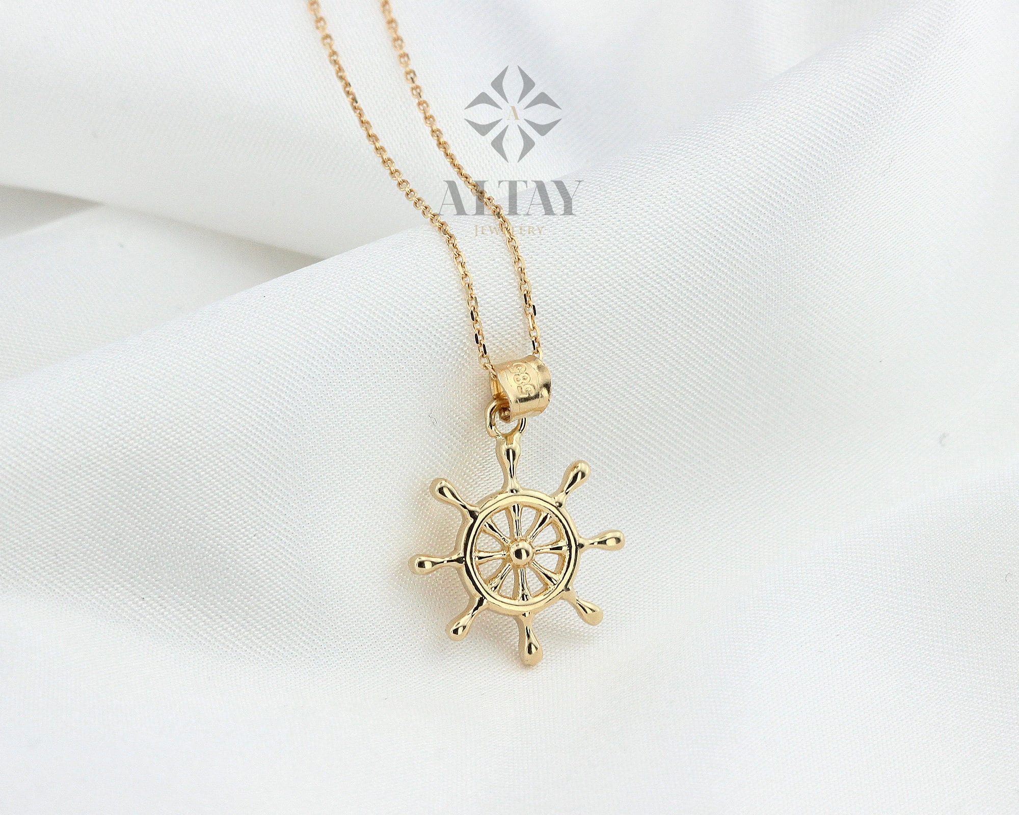 14K Gold Ship Wheel Necklace, Rudder Pendant, Nautical Charm, Boat Prow Pirate Jewelry, Tiny Boat Helm Choker, Gold Pendant, Gift for Her