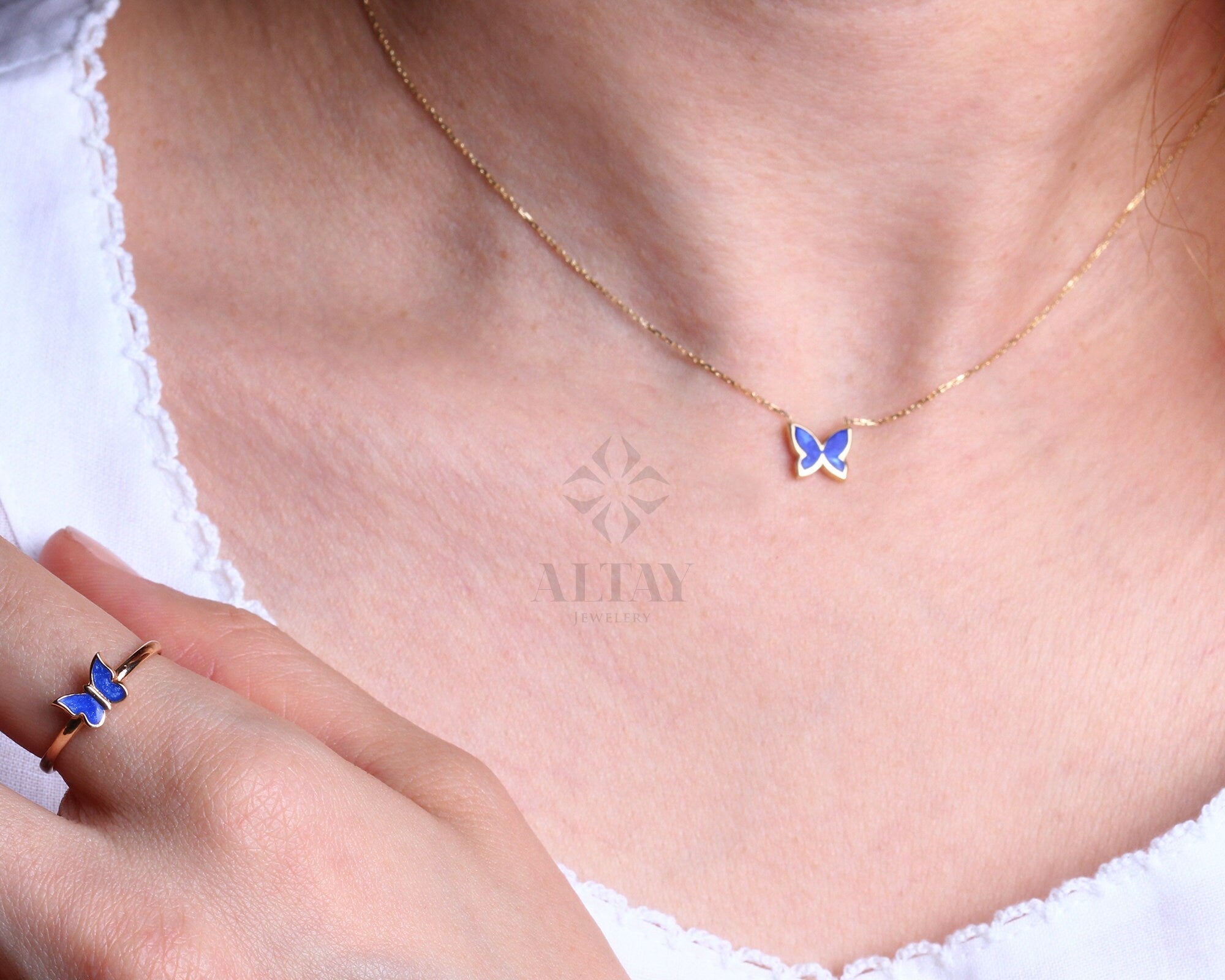 14K Solid Gold Butterfly Necklace, Good Luck Charm Necklace, Dainty Enamel Gold Pendant, Animal Choker, Gift for Her, Everyday Jewelry