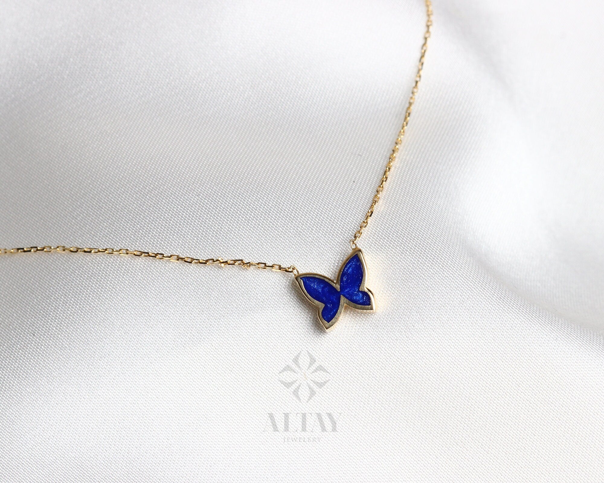 14K Solid Gold Butterfly Necklace, Good Luck Charm Necklace, Dainty Enamel Gold Pendant, Animal Choker, Gift for Her, Everyday Jewelry