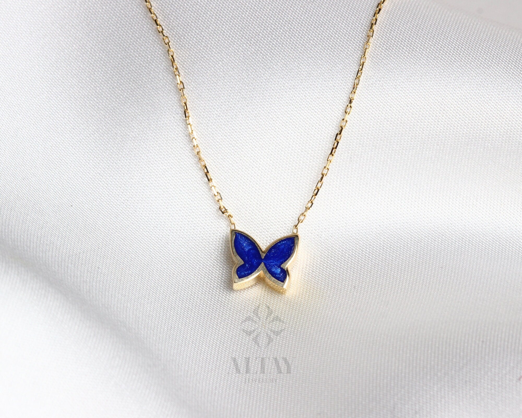 14K Solid Gold Butterfly Necklace, Good Luck Charm Necklace, Dainty Enamel Gold Pendant, Animal Choker, Gift for Her, Everyday Jewelry