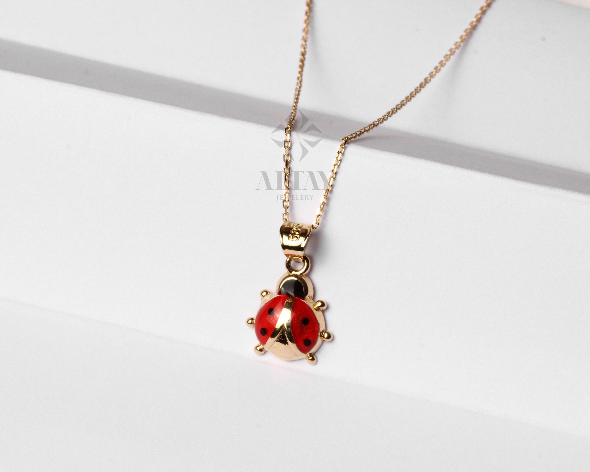 Gold Ladybug Pendant Necklace, 14K Gold Dainty Animal Layering Choker, Minimal Everyday Jewelry, Enamel Red Good Luck Charm, Gift for Her