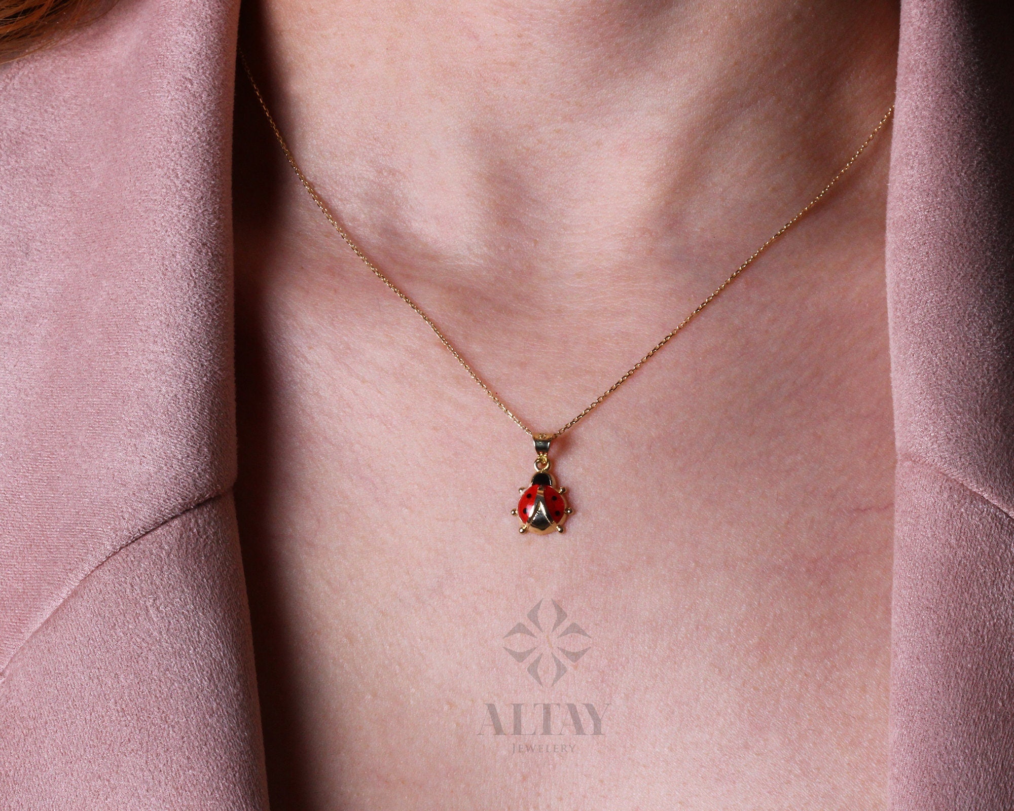 Gold Ladybug Pendant Necklace, 14K Gold Dainty Animal Layering Choker, Minimal Everyday Jewelry, Enamel Red Good Luck Charm, Gift for Her