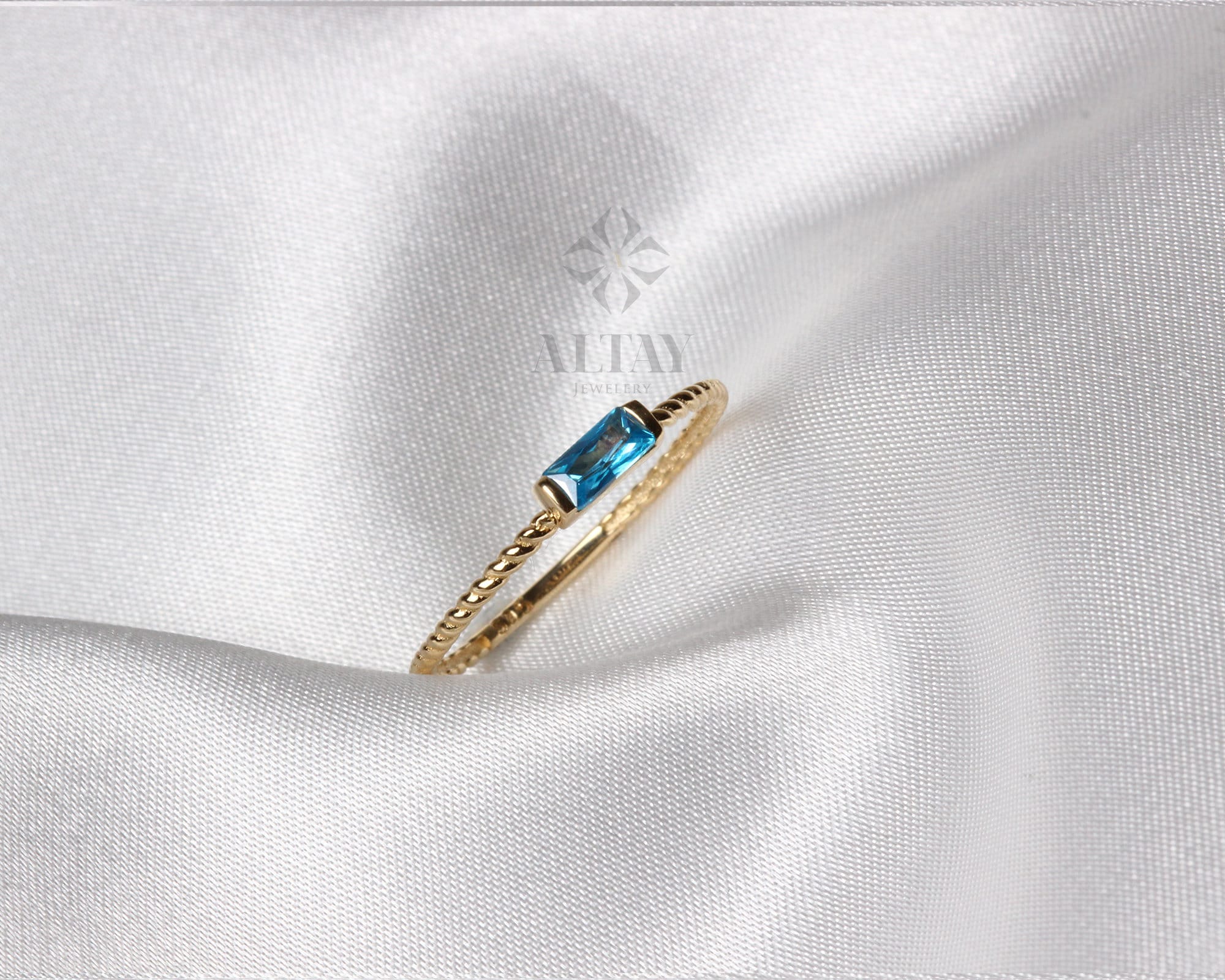 14K Solid Gold Baguette Ring, London Blue Topaz Ring, Ruby Stacking Ring, Aquamarine Dainty Wedding Ring, Tiny Stackable Ring, Gift For Her