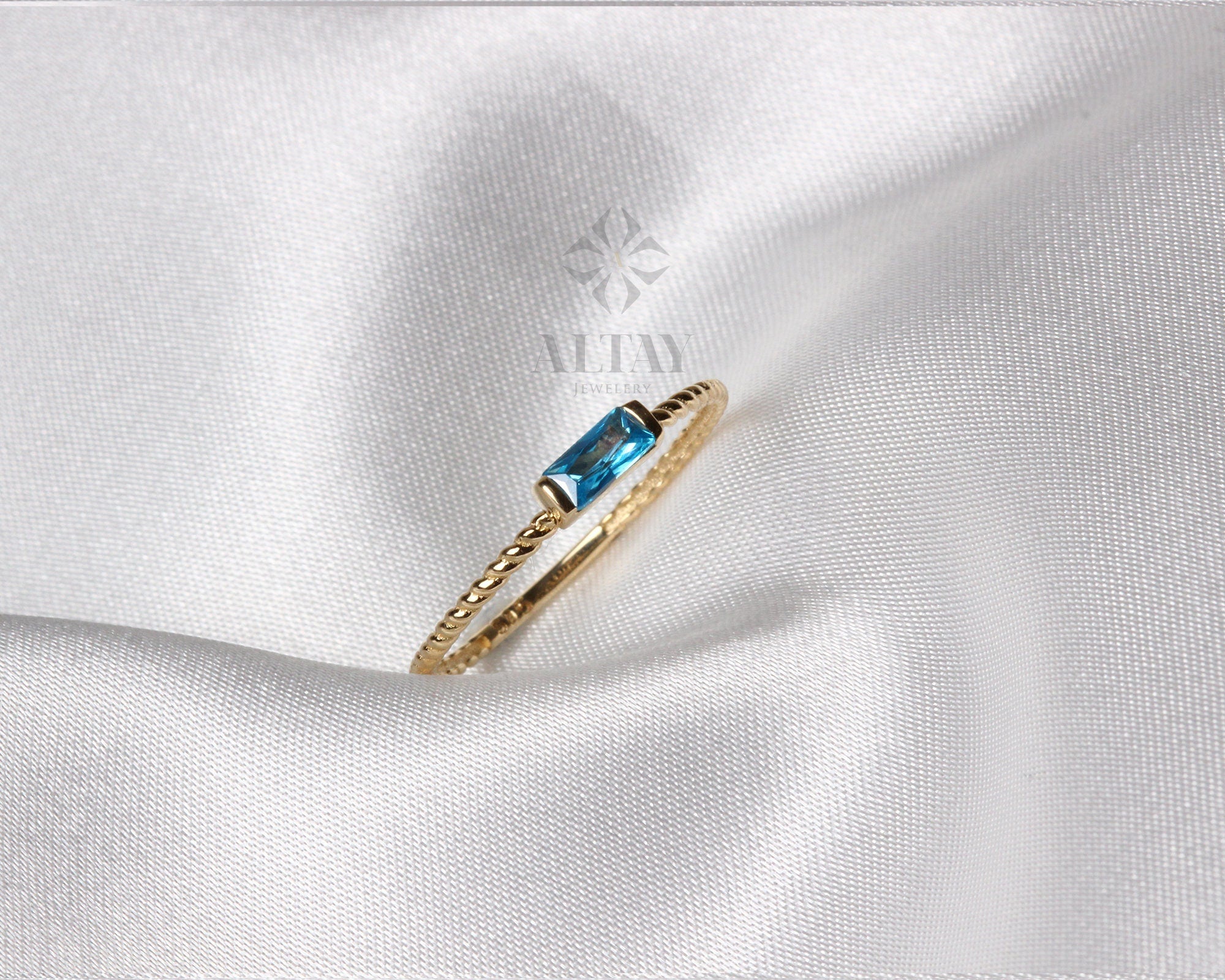 14K Gold Birthstone Baguette Ring, Custom Gemstone Ring, Personalized Solitaire Band, Dainty Ring, Stacking Ring, Gold Simple Ring Women